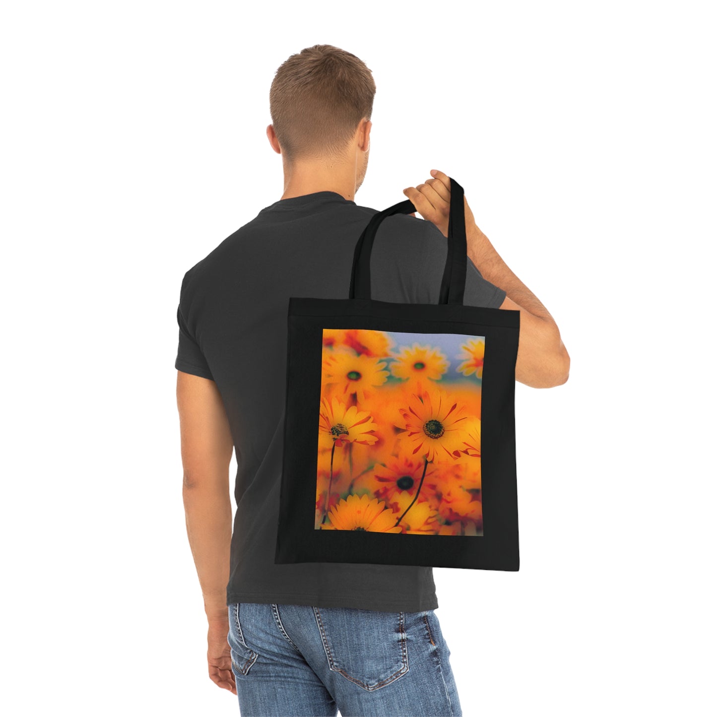 Floral Sunburst Cotton Tote — Bright Orange Daisy Print