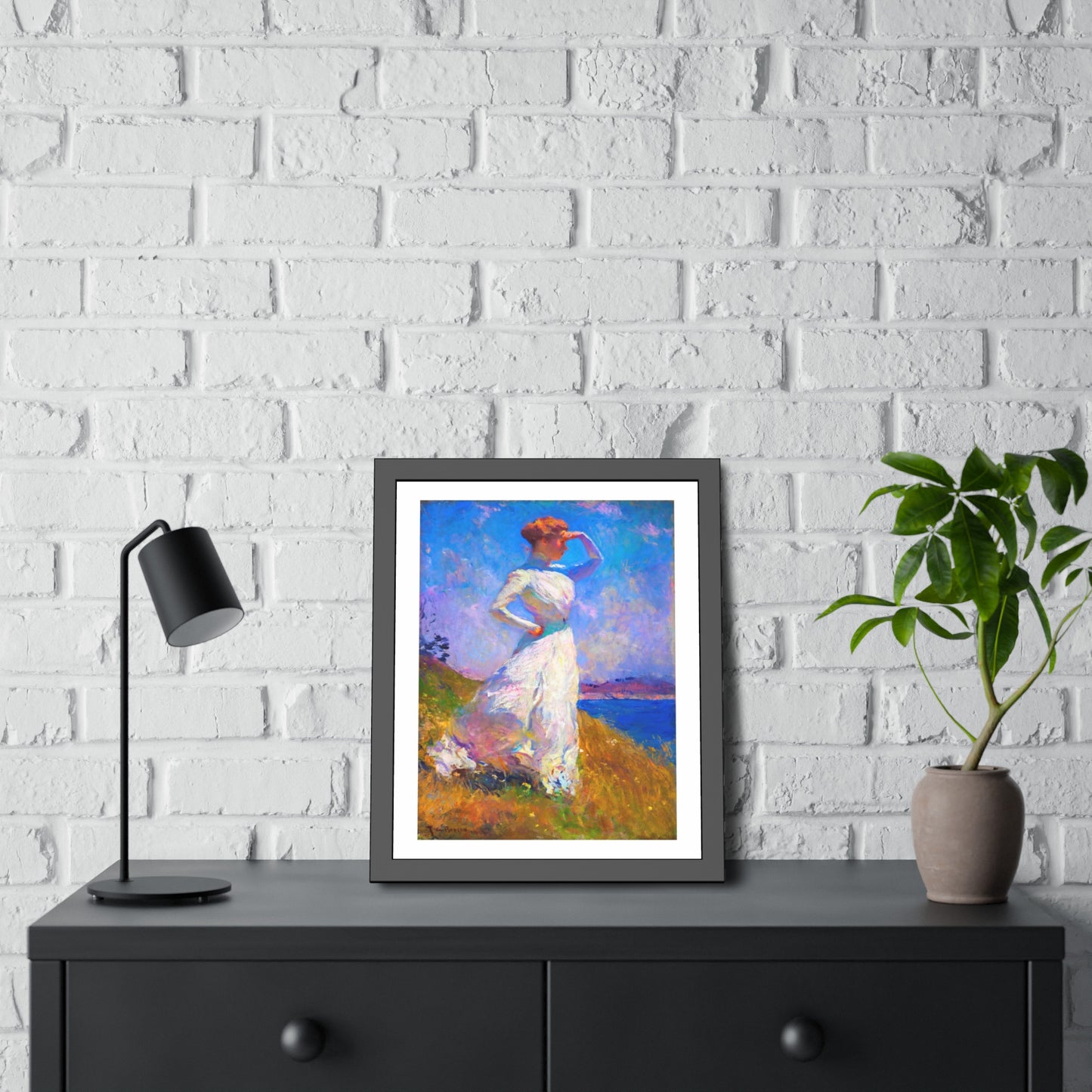 Coastal Impressionist Framed Poster — Woman in White Seaside Art Print