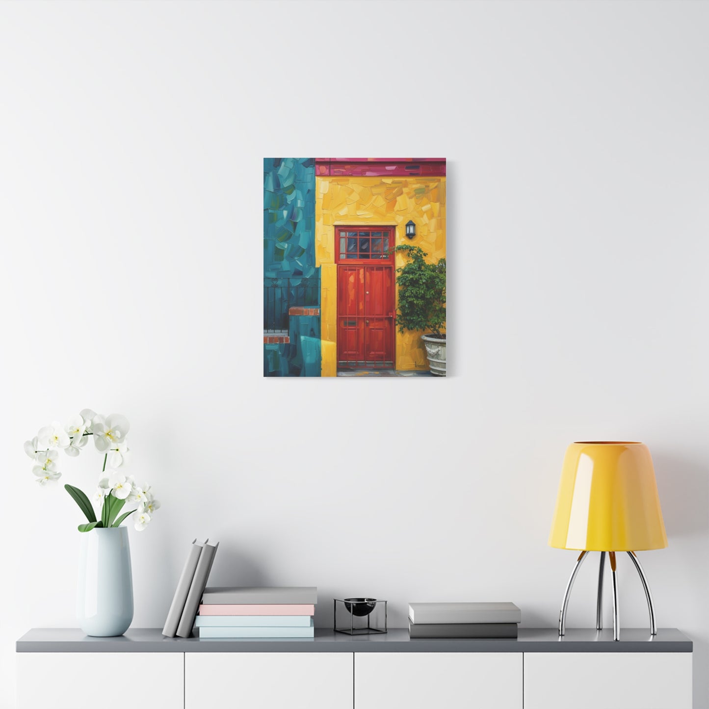 Colorful Doorway Canvas Wall Art — Vibrant Yellow & Teal Street Scene, Matte Stretched Print