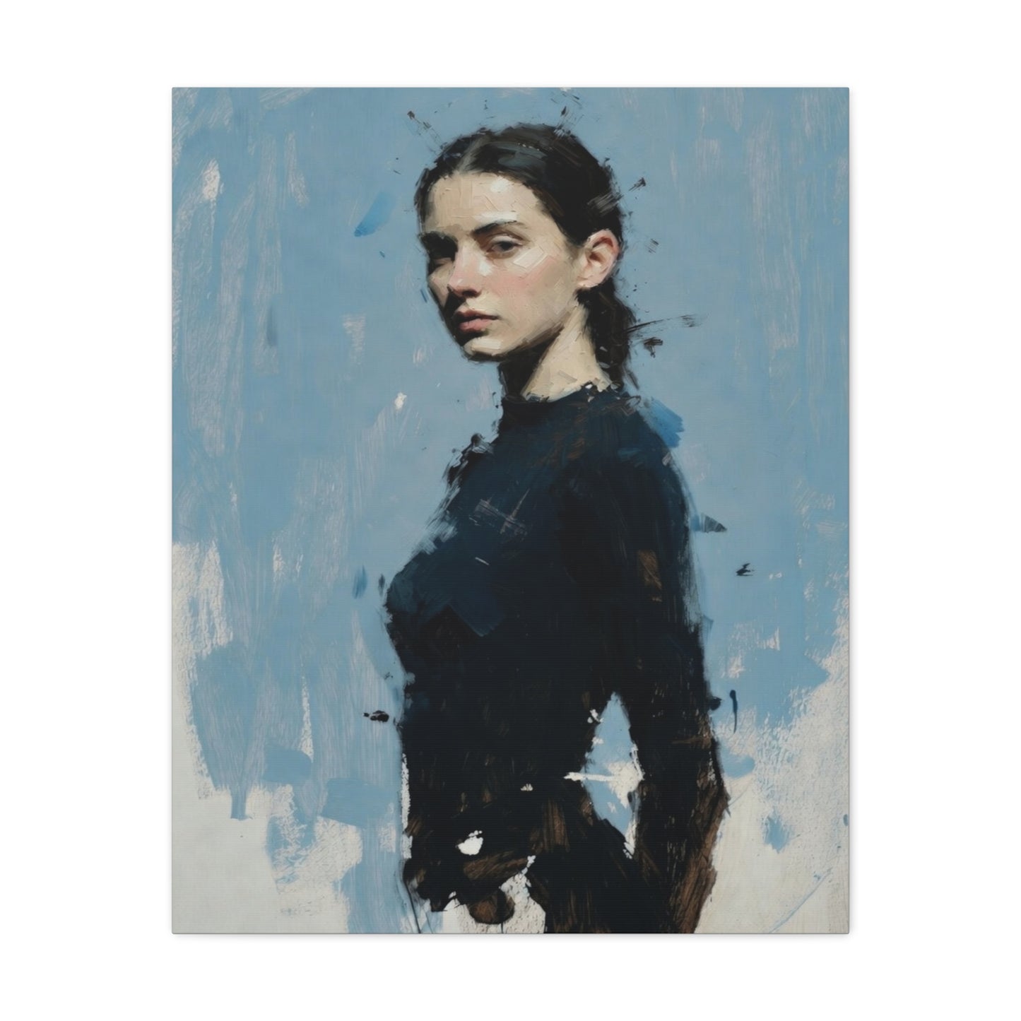 Matte Stretched Canvas Print — Portrait of a Young Woman, Moody Blue Figurative Art