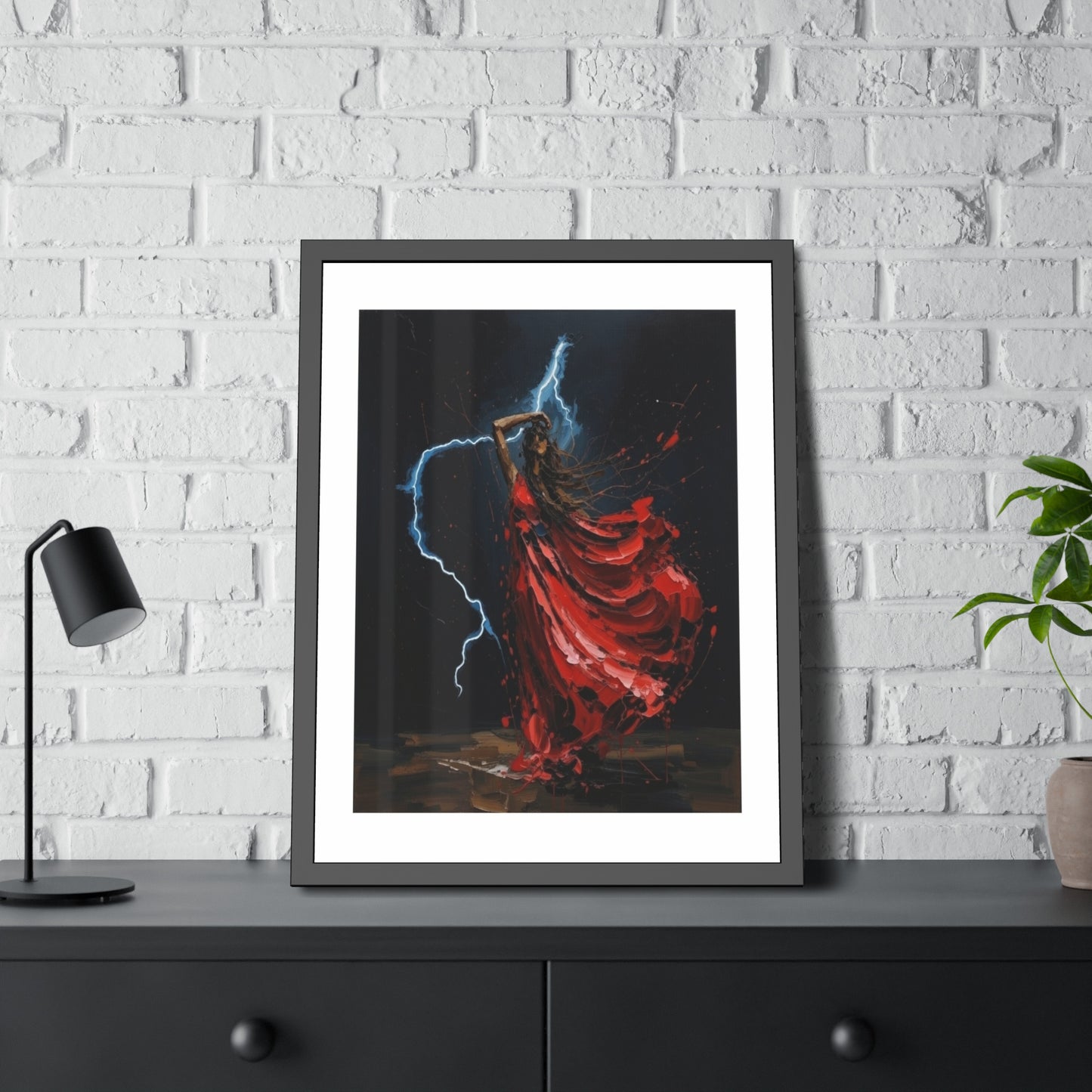 Framed Poster — Red-Dressed Dancer with Lightning Art Print