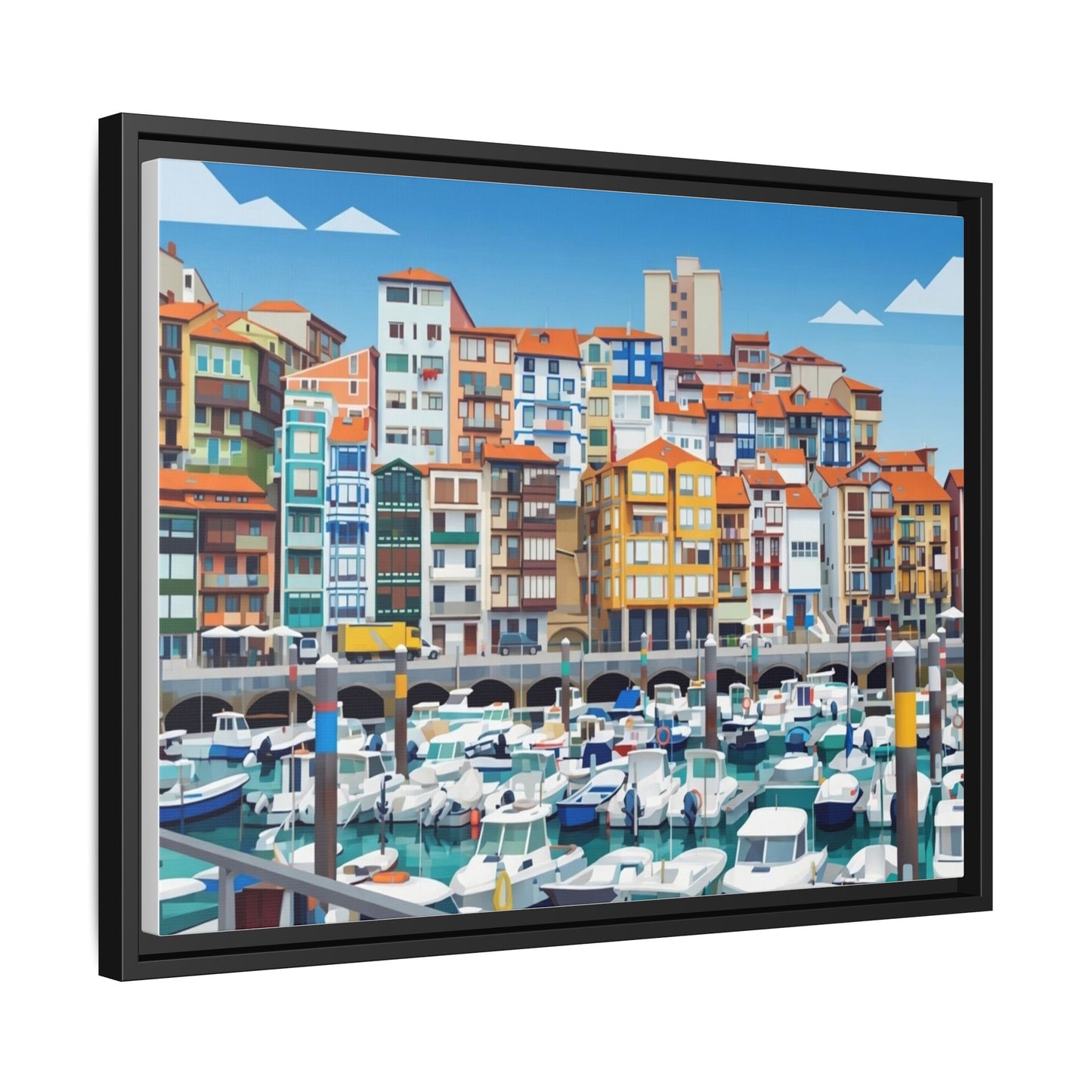 Framed Matte Canvas Print — Colorful Mediterranean Harbor Illustration