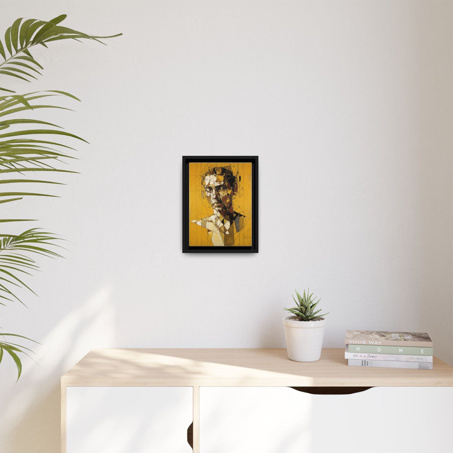 Framed Matte Canvas Art - Abstract Geometric Portrait on Mustard Yellow