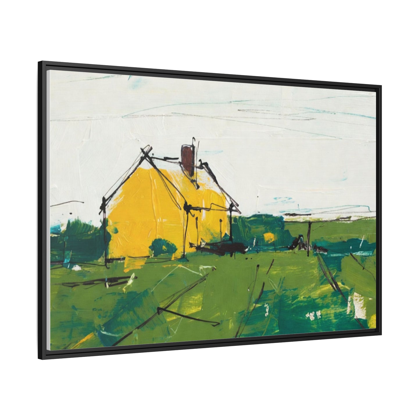 Yellow Cottage Landscape Framed Canvas Print