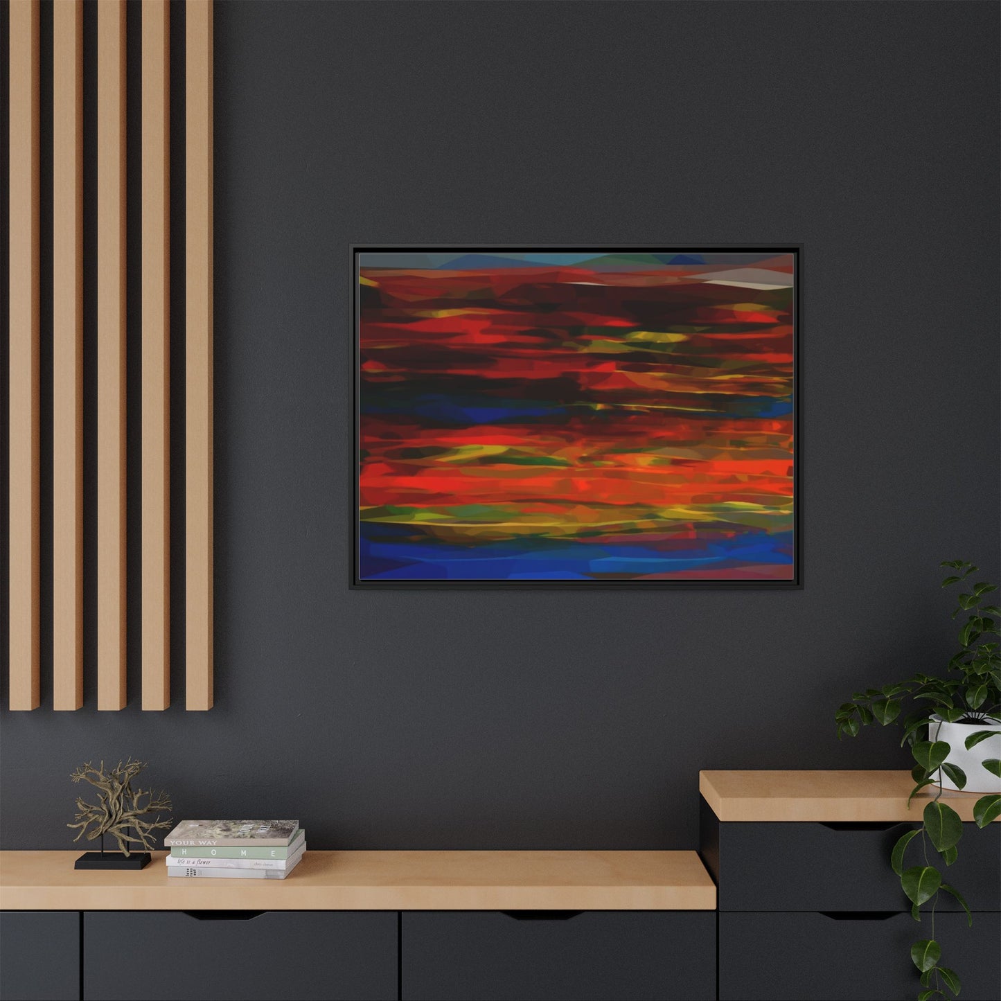 Abstract Multi-Color Matte Canvas Framed Wall Art — Bold Red & Blue Modern Painting