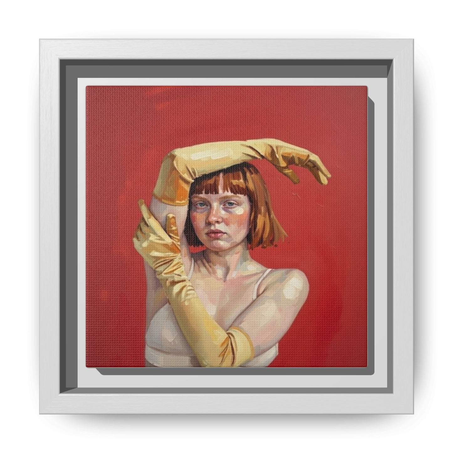 Framed Matte Canvas Art - Portrait of Woman in Yellow Gloves (Red Background)