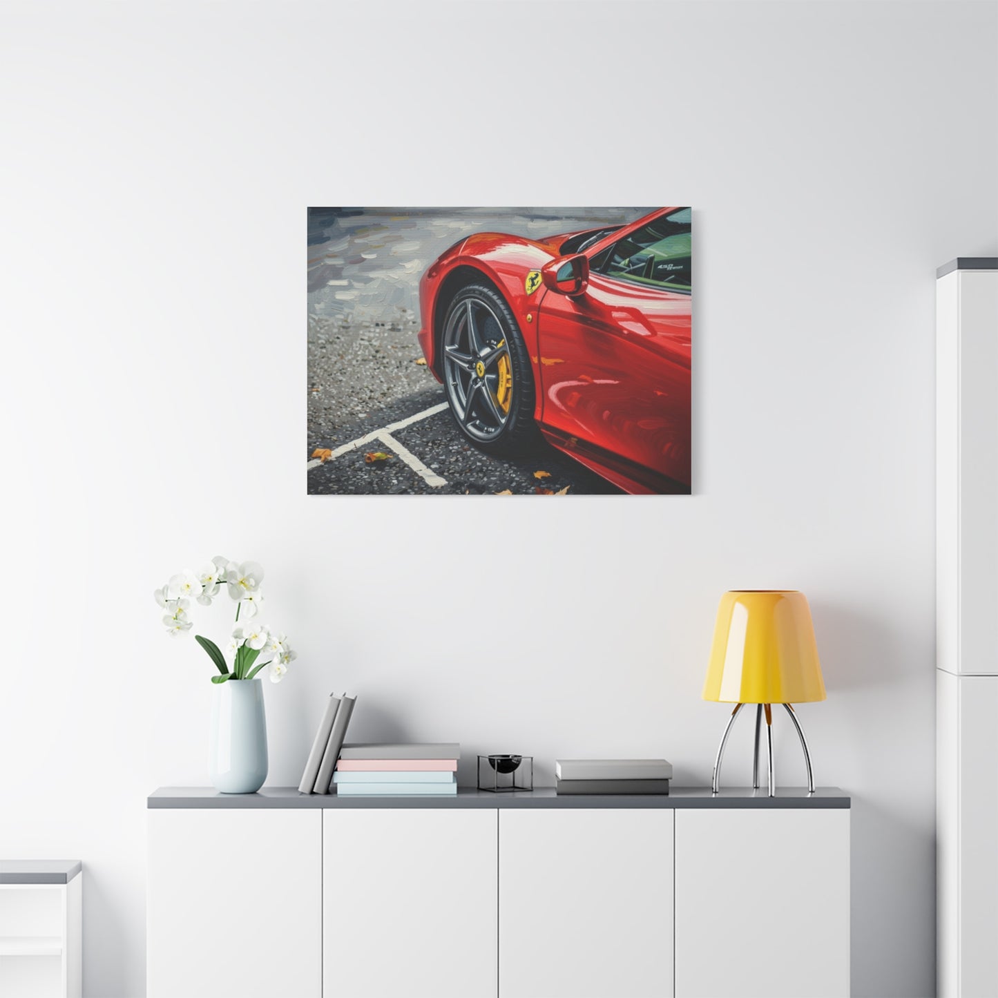 Red Sports Car Canvas Print — Ferrari Wheel Close-Up Matte Stretched Wall Art