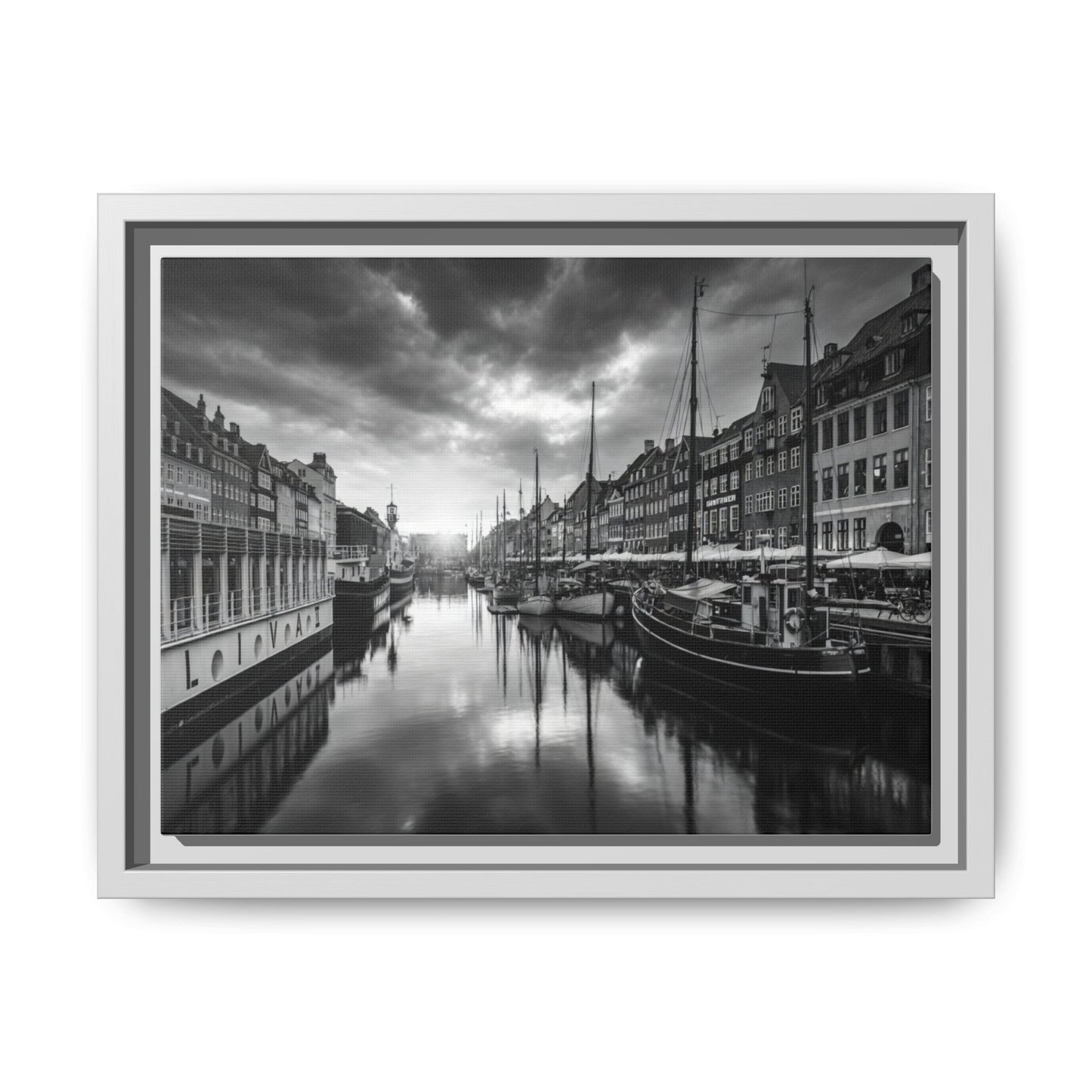 Framed Matte Canvas: Black & White Dutch Canal Photography Wall Art