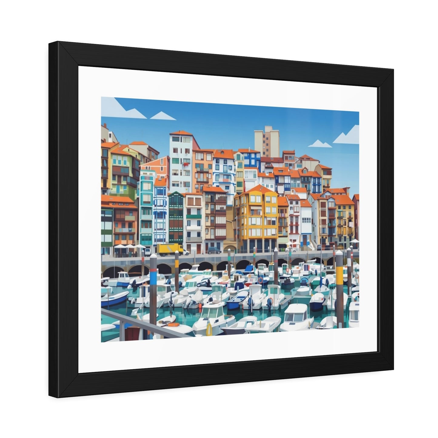 Harbor Marina Framed Poster — Colorful Coastal Cityscape Wall Art