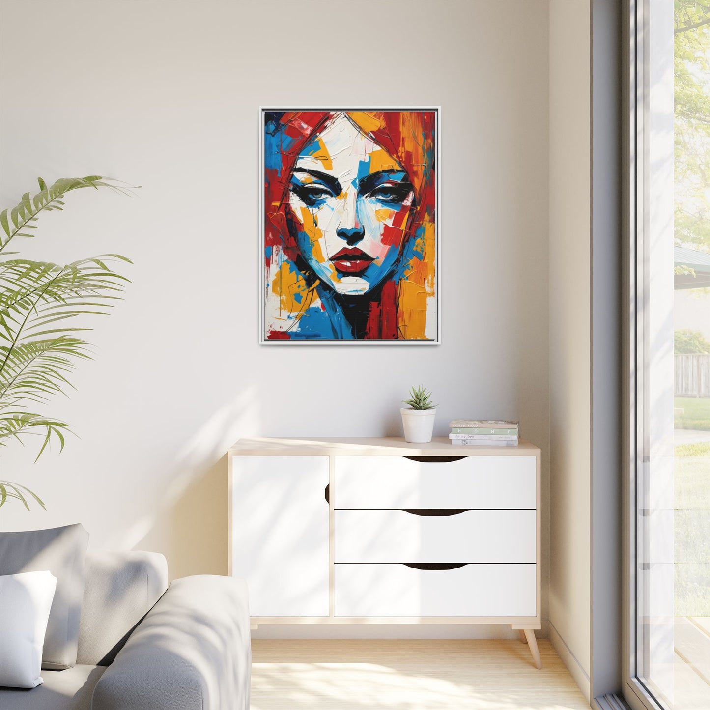 Framed Abstract Portrait Canvas — Colorful Female Face Wall Art