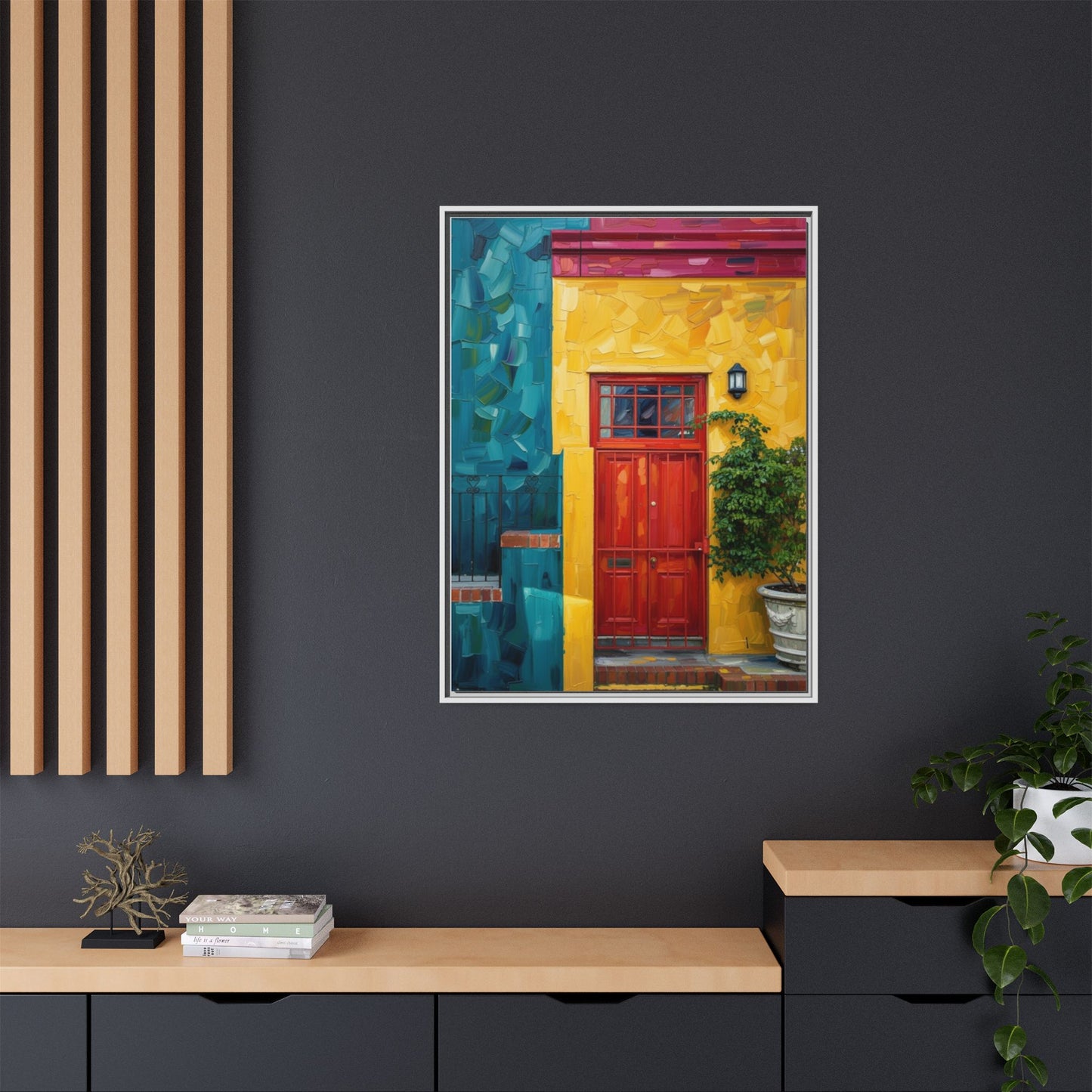 Framed Matte Canvas Wall Art — Colorful Red Door on Yellow Facade
