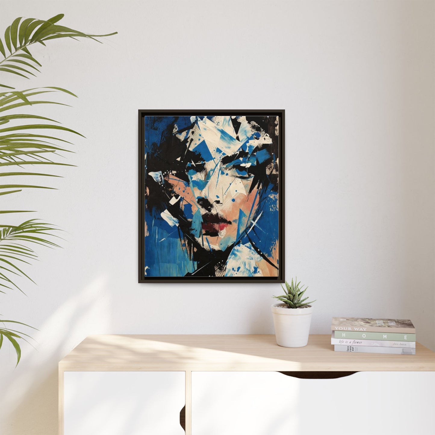 Abstract Portrait Matte Canvas Framed Wall Art — Blue Mixed-Media Face Print
