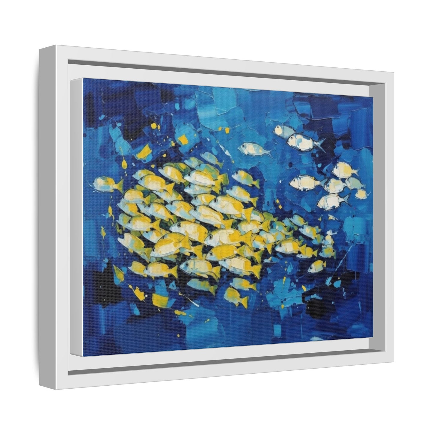 Framed Matte Canvas: Blue School of Fish Wall Art
