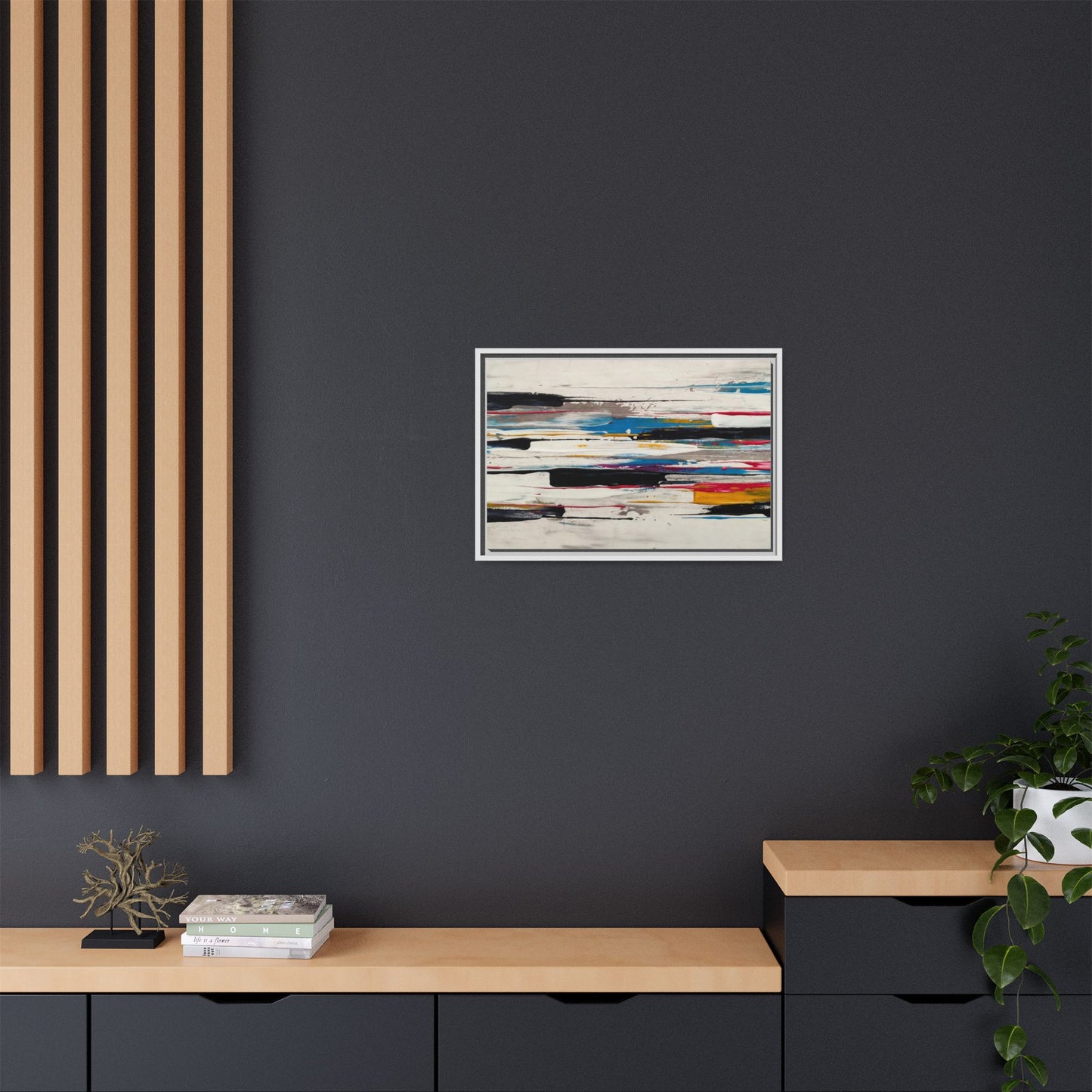 Abstract Multi-Color Framed Canvas Wall Art — Modern Horizontal Brushstroke Print