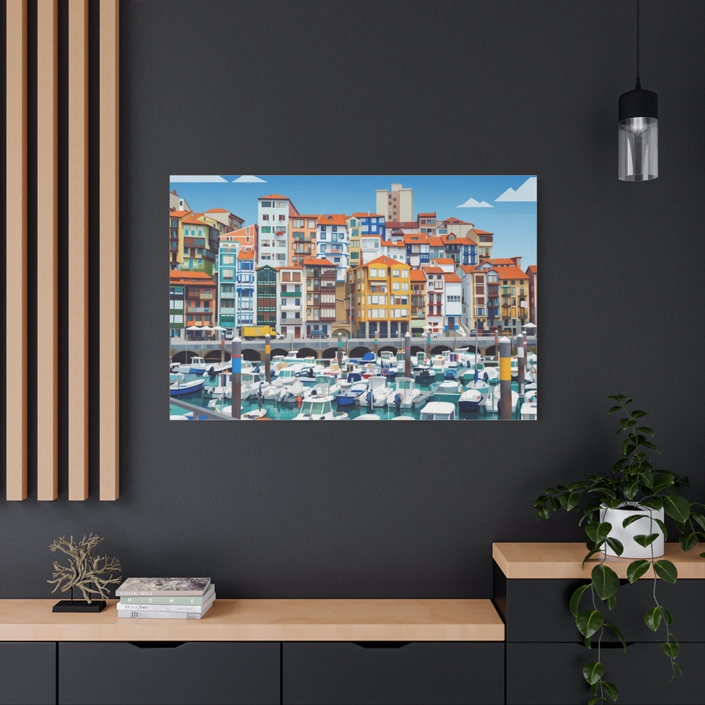 Colorful Coastal Harbor Matte Canvas Print — Stretched Wall Art