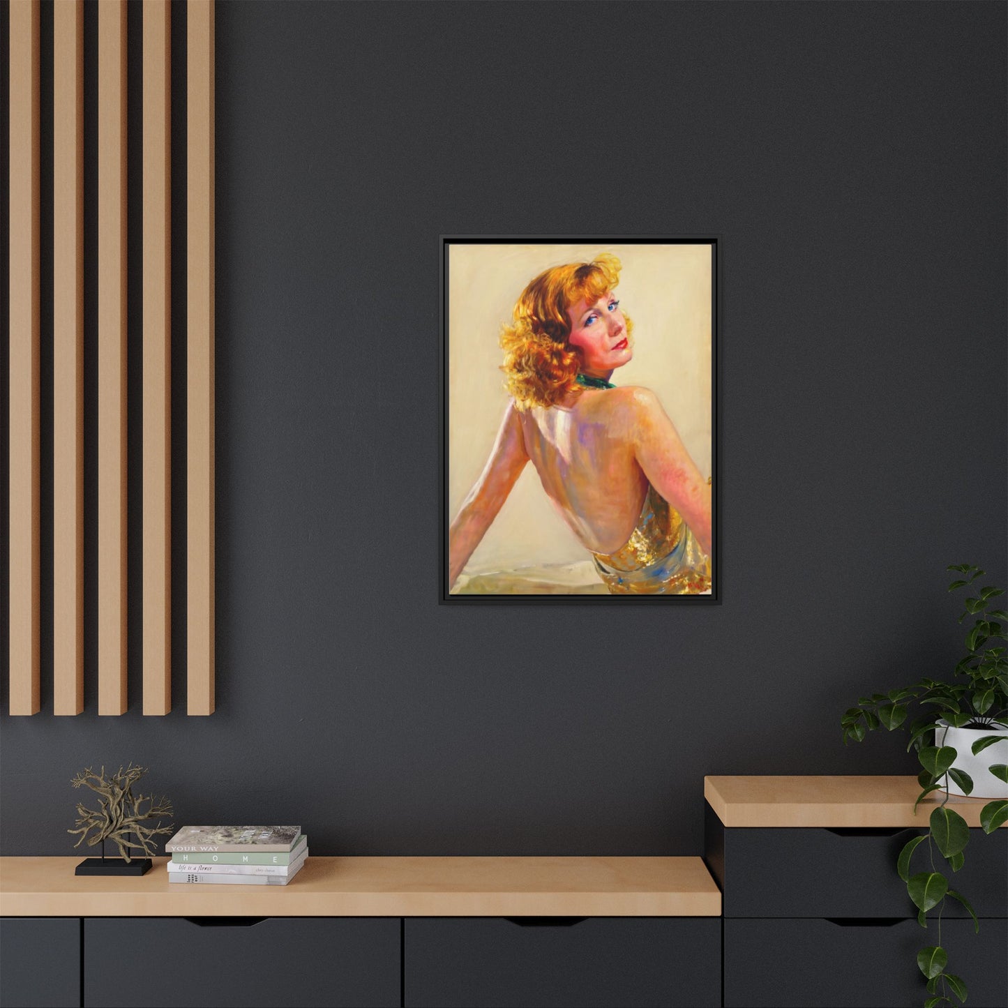 Framed Matte Canvas Print — Vintage Portrait of Redhead Greta Garbo in Gold Dress