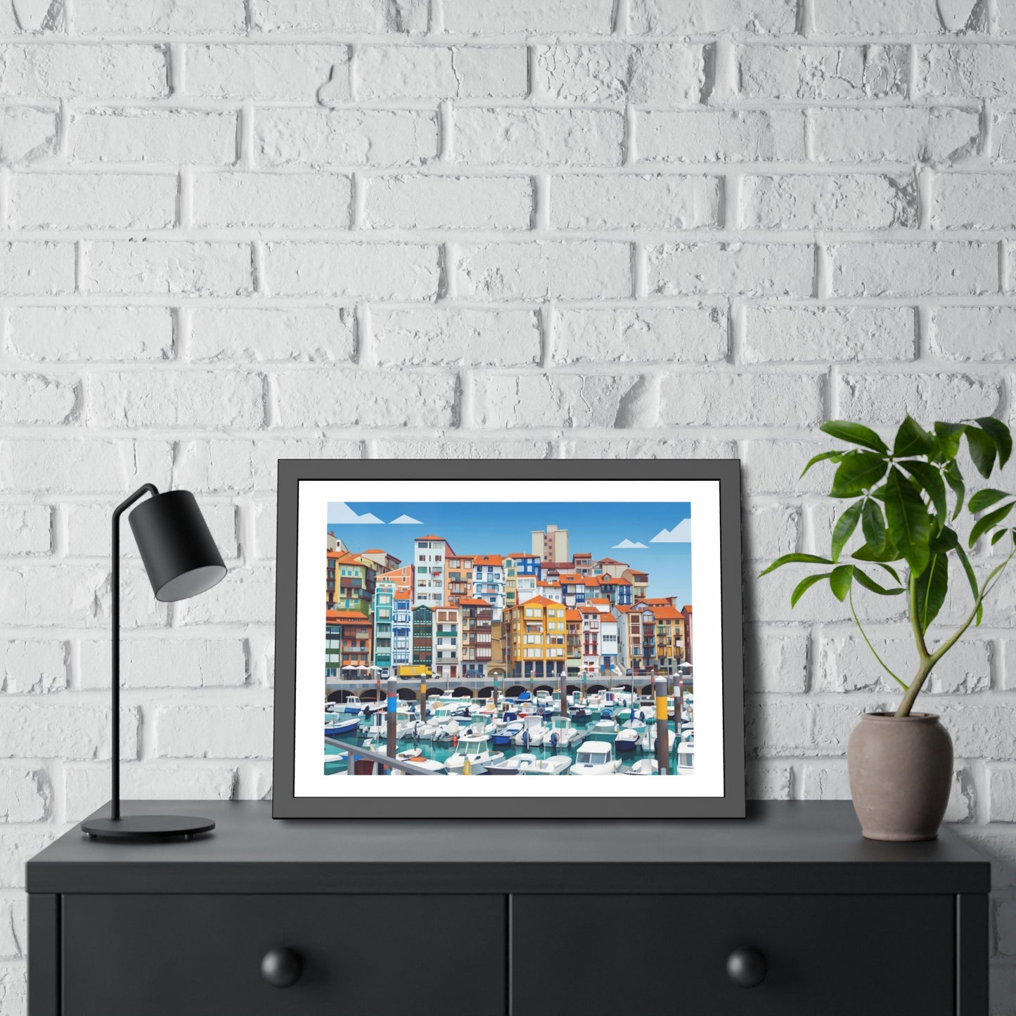 Harbor Marina Framed Poster — Colorful Coastal Cityscape Wall Art