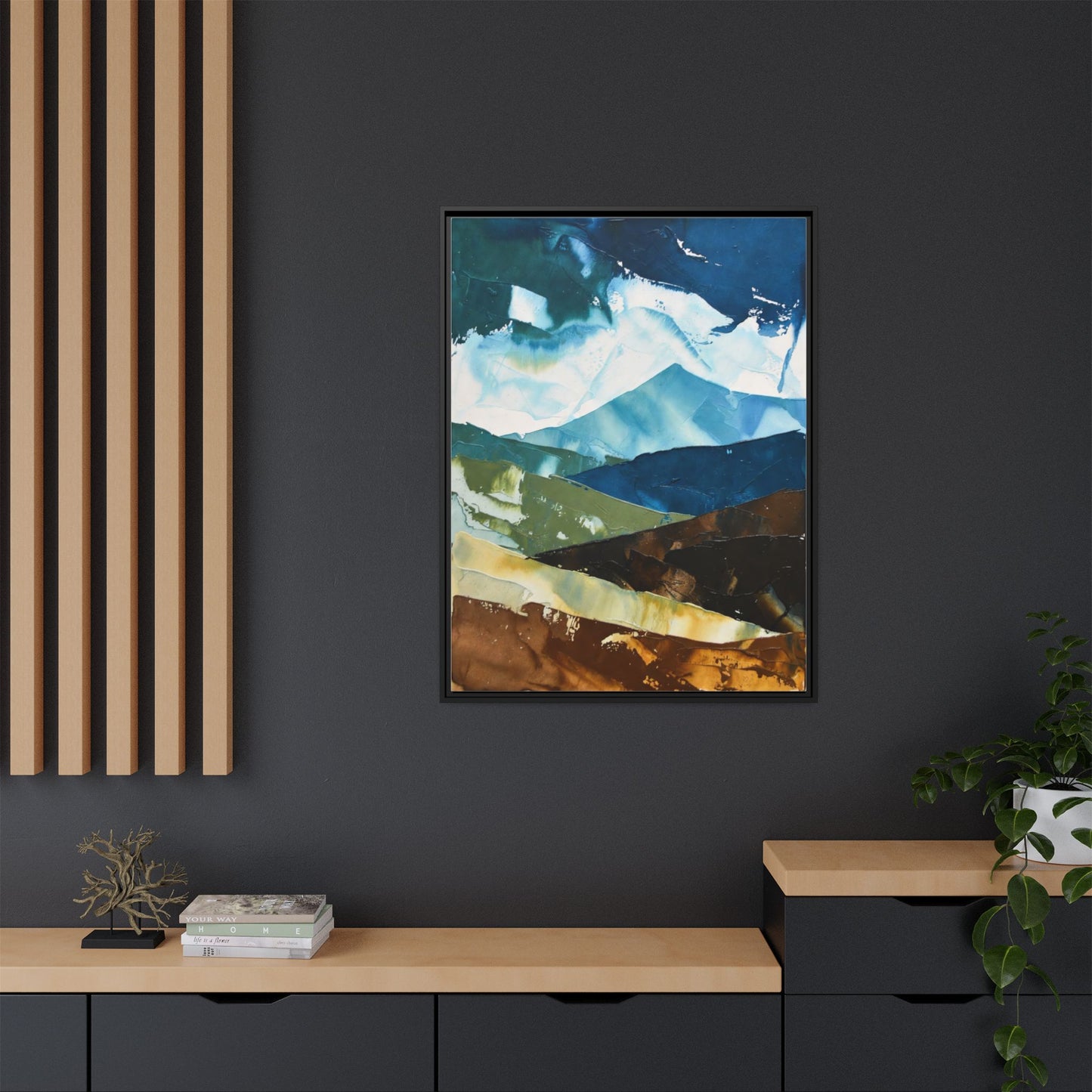 Framed Abstract Mountain Canvas Art — Blue & Earthtone Landscape Print