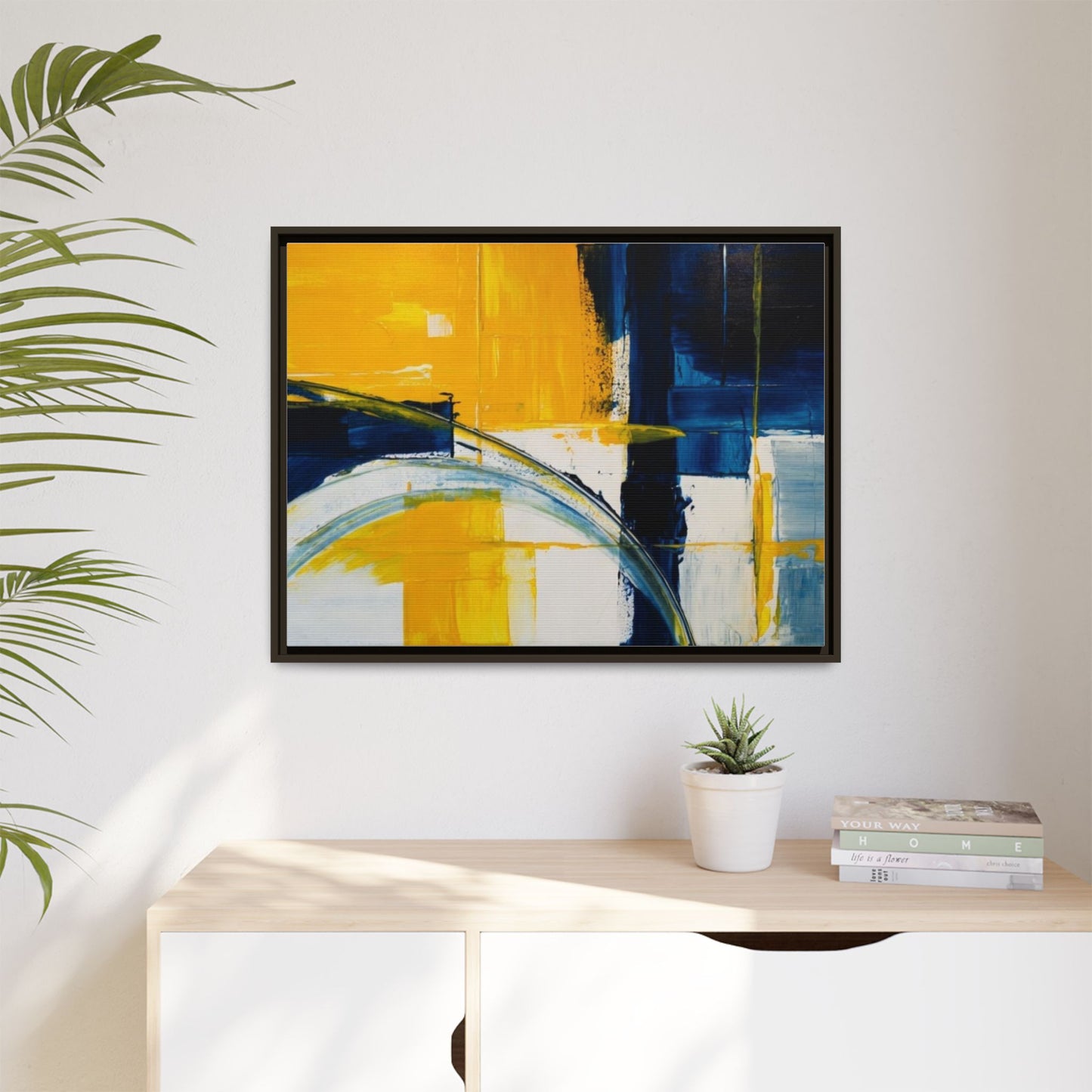 Abstract Yellow & Blue Framed Canvas Wall Art — Modern Matte Canvas Print