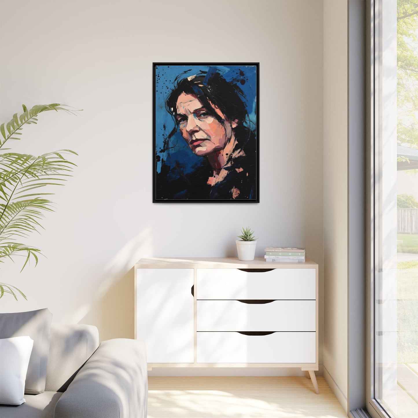 Framed Matte Canvas Portrait — Expressive Blue Painterly Woman Art