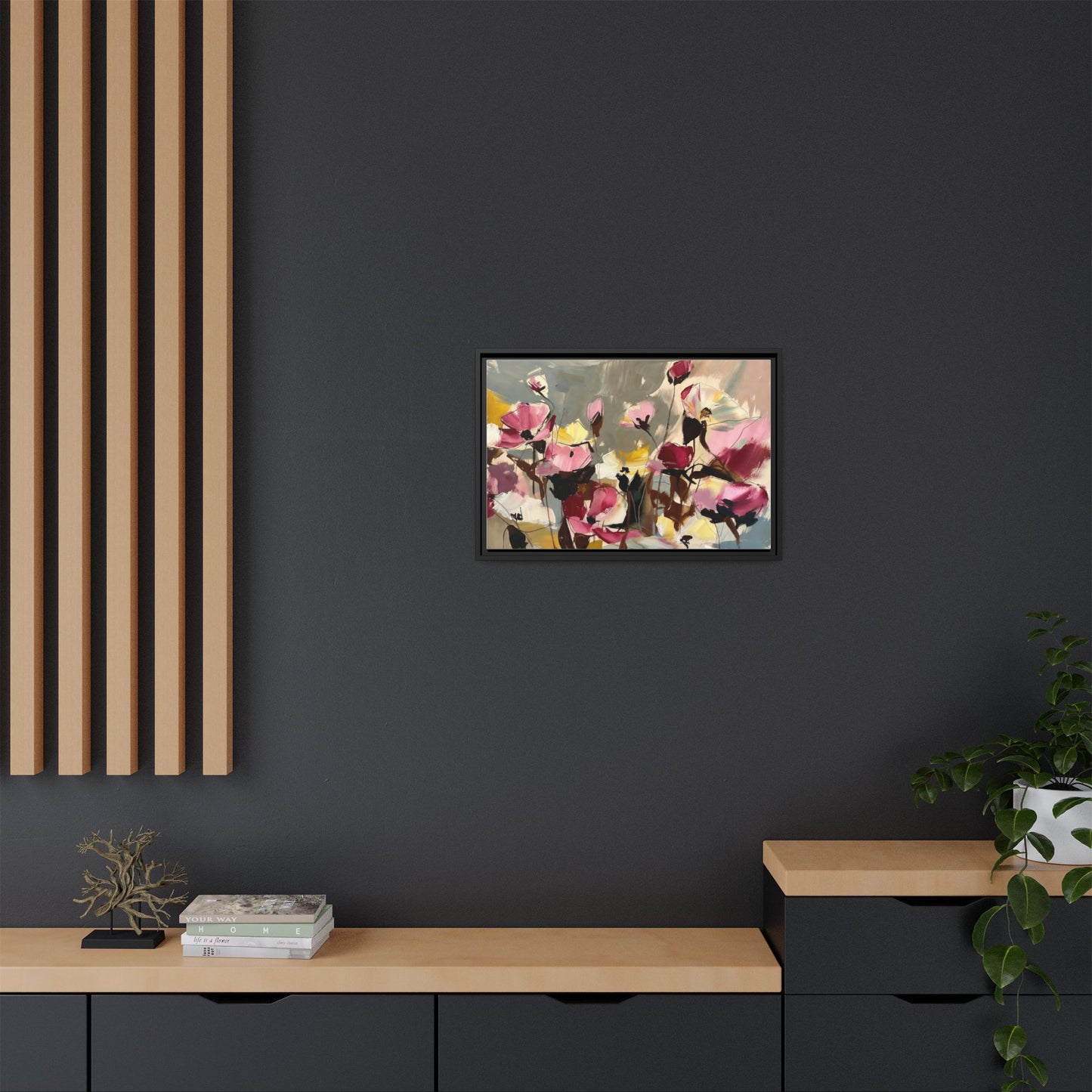 Framed Floral Canvas Wall Art — Abstract Pink & Yellow Flowers