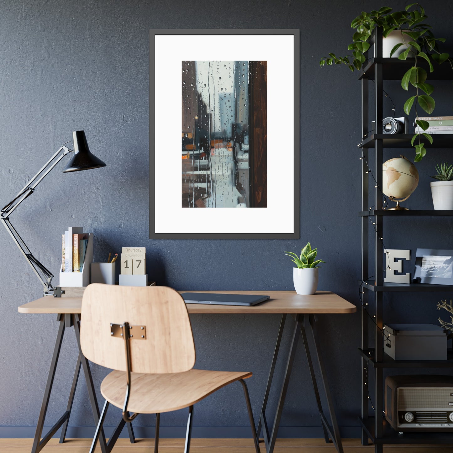 Framed Cityscape Poster — Rainy Window Urban Art Print