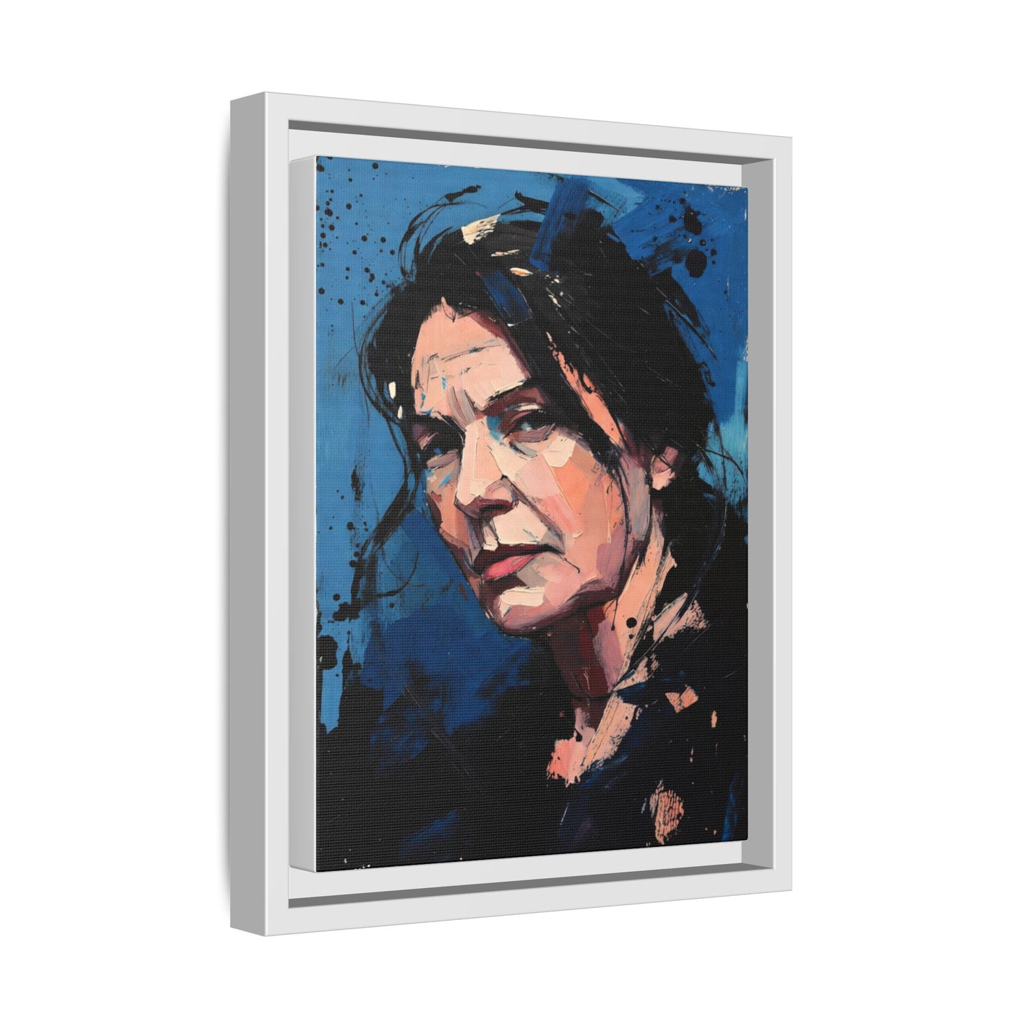 Framed Matte Canvas Portrait — Expressive Blue Painterly Woman Art