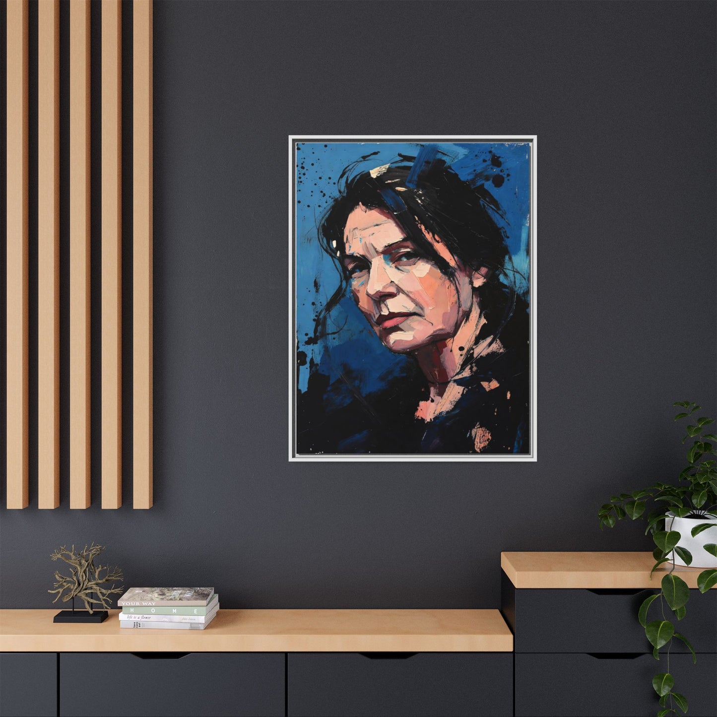 Framed Matte Canvas Portrait — Expressive Blue Painterly Woman Art