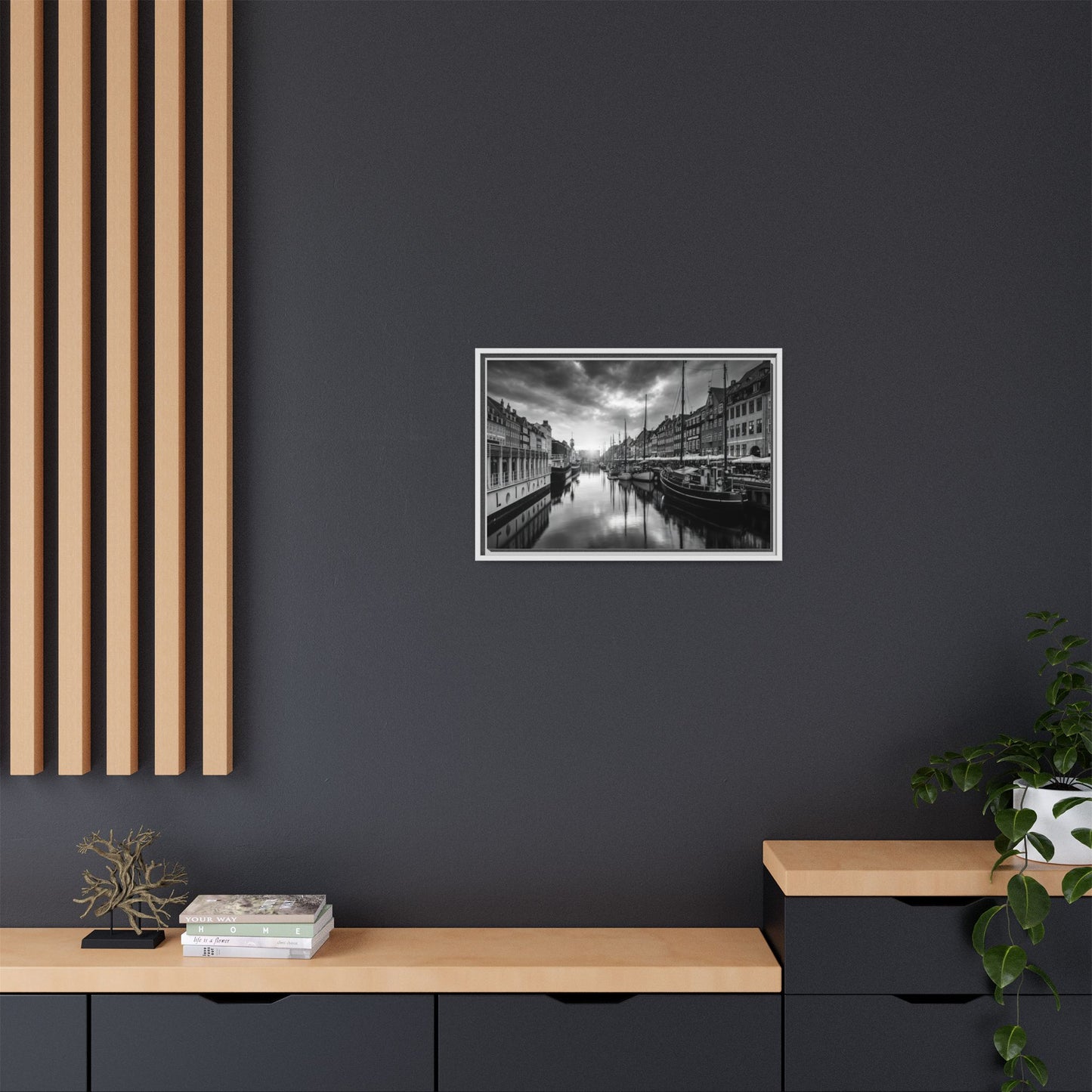 Framed Matte Canvas: Black & White Dutch Canal Photography Wall Art