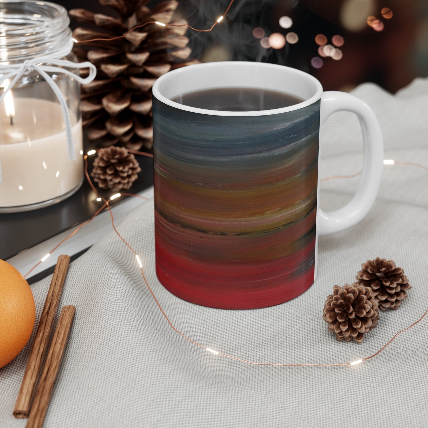 Abstract Sunset Stripes Mug — Red to Navy Gradient Ceramic Coffee Cup