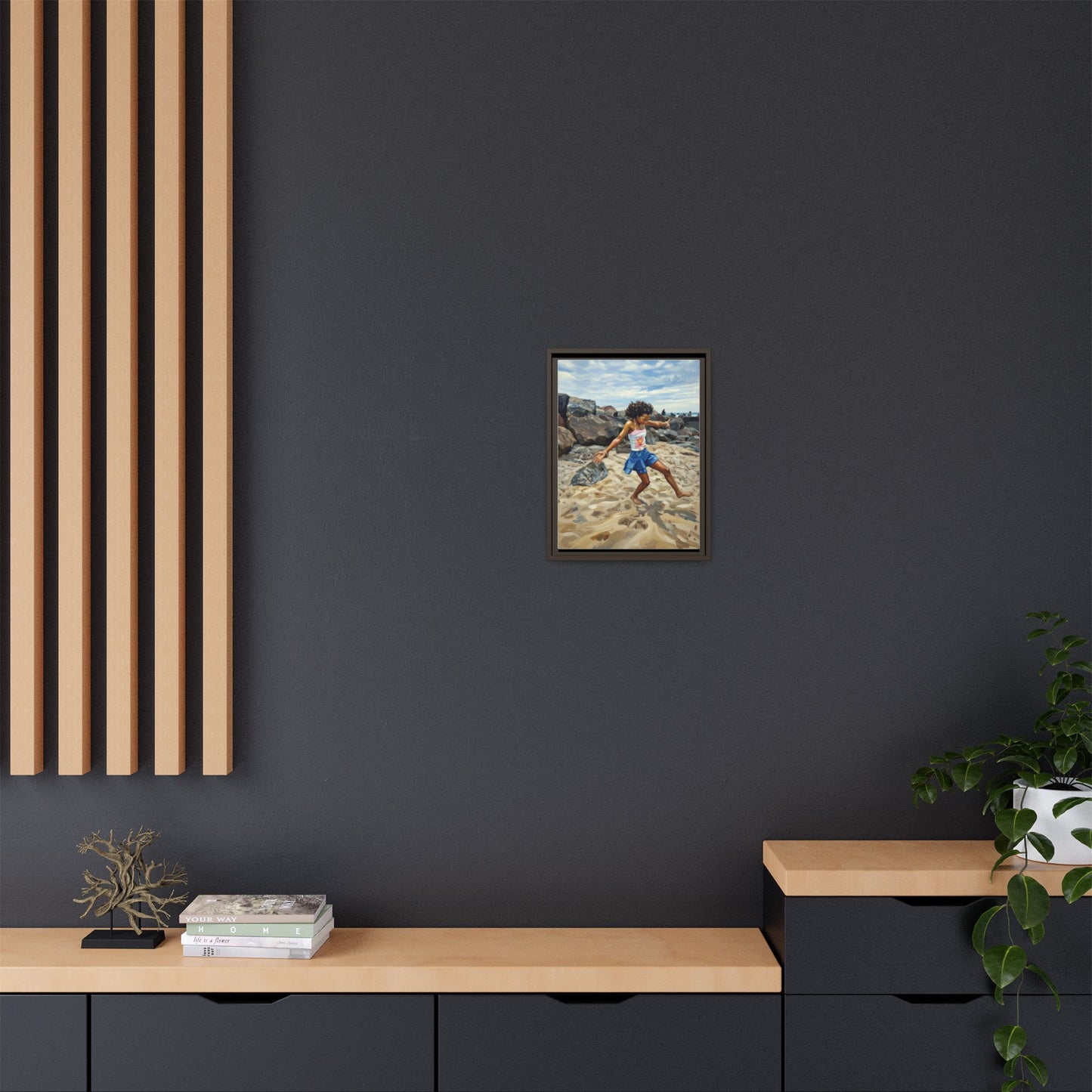 Framed Canvas Art - Girl Dancing on the Beach (Matte Multi-Color)