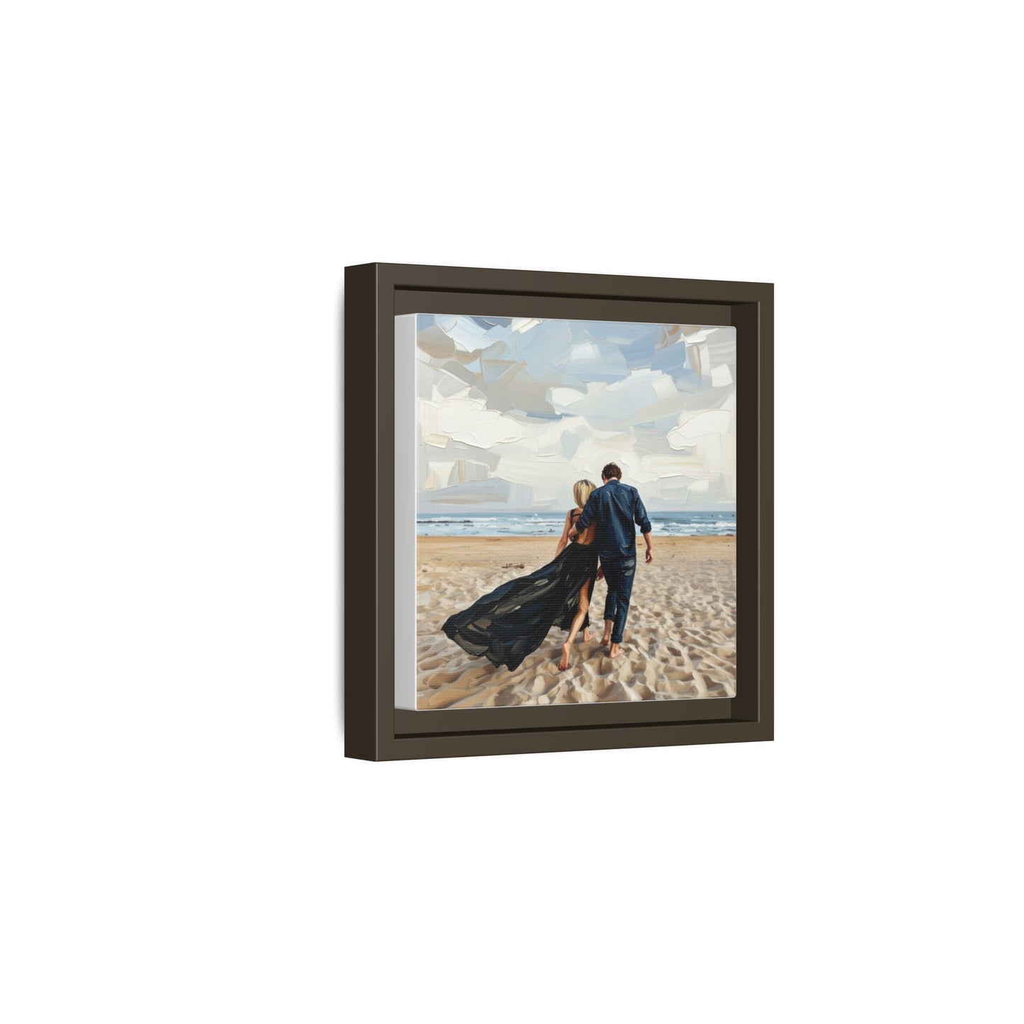 Framed Canvas Wall Art — Romantic Couple Walking on Beach Print