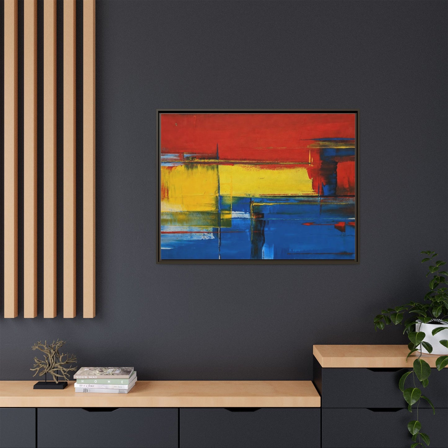 Abstract Color Block Matte Canvas Framed Wall Art — Modern Red Yellow Blue Painting