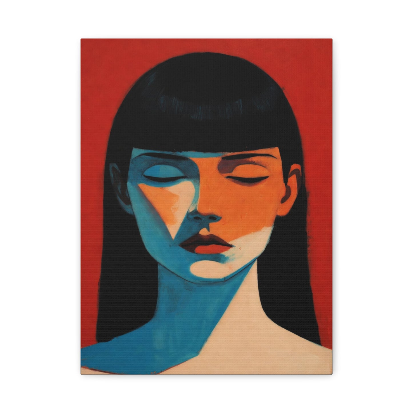 Portrait Canvas Wall Art — Modern Minimalist Woman in Red & Blue