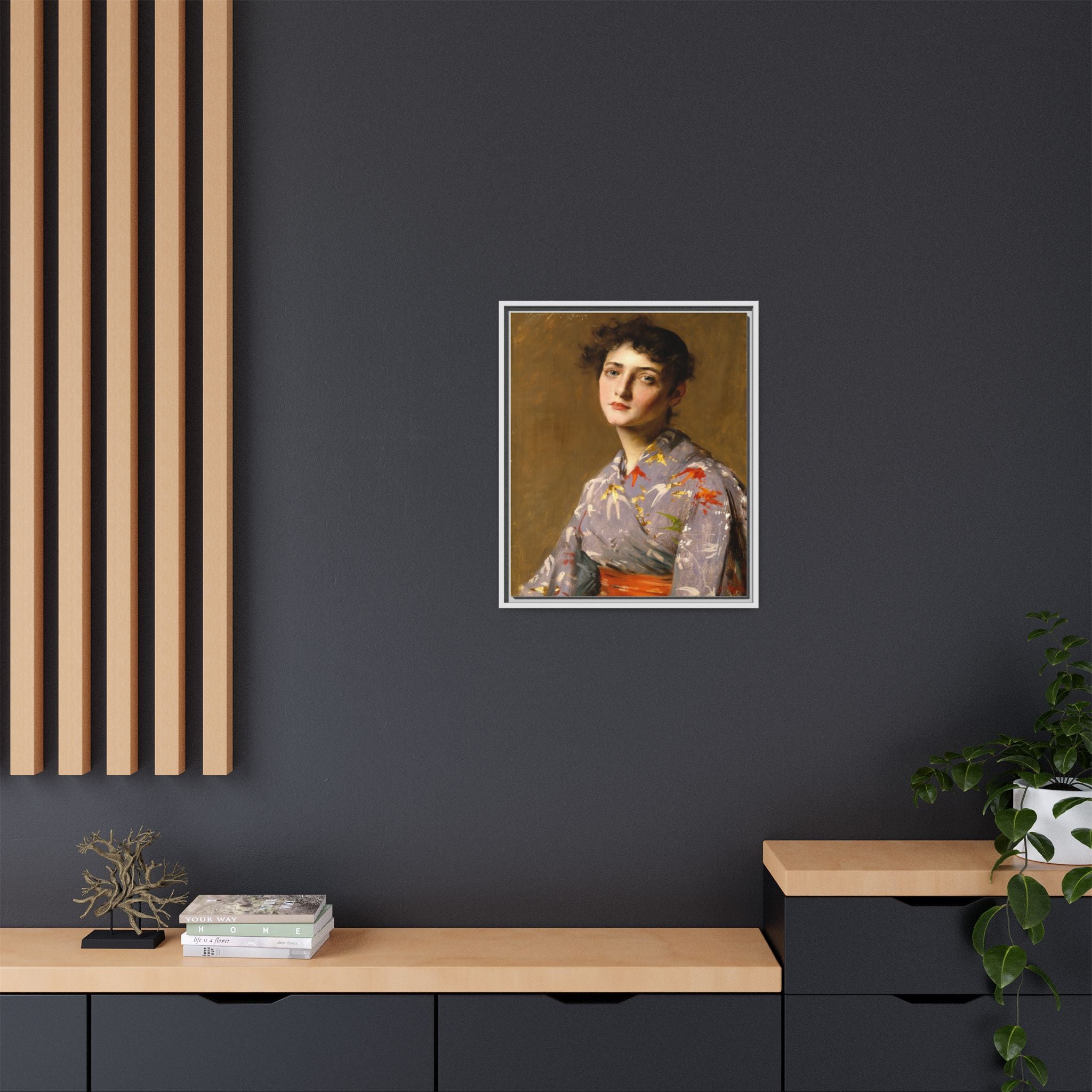 Girl in a Japanese Costume by William Merritt Chase Framed Matte Canvas Wall Art Print