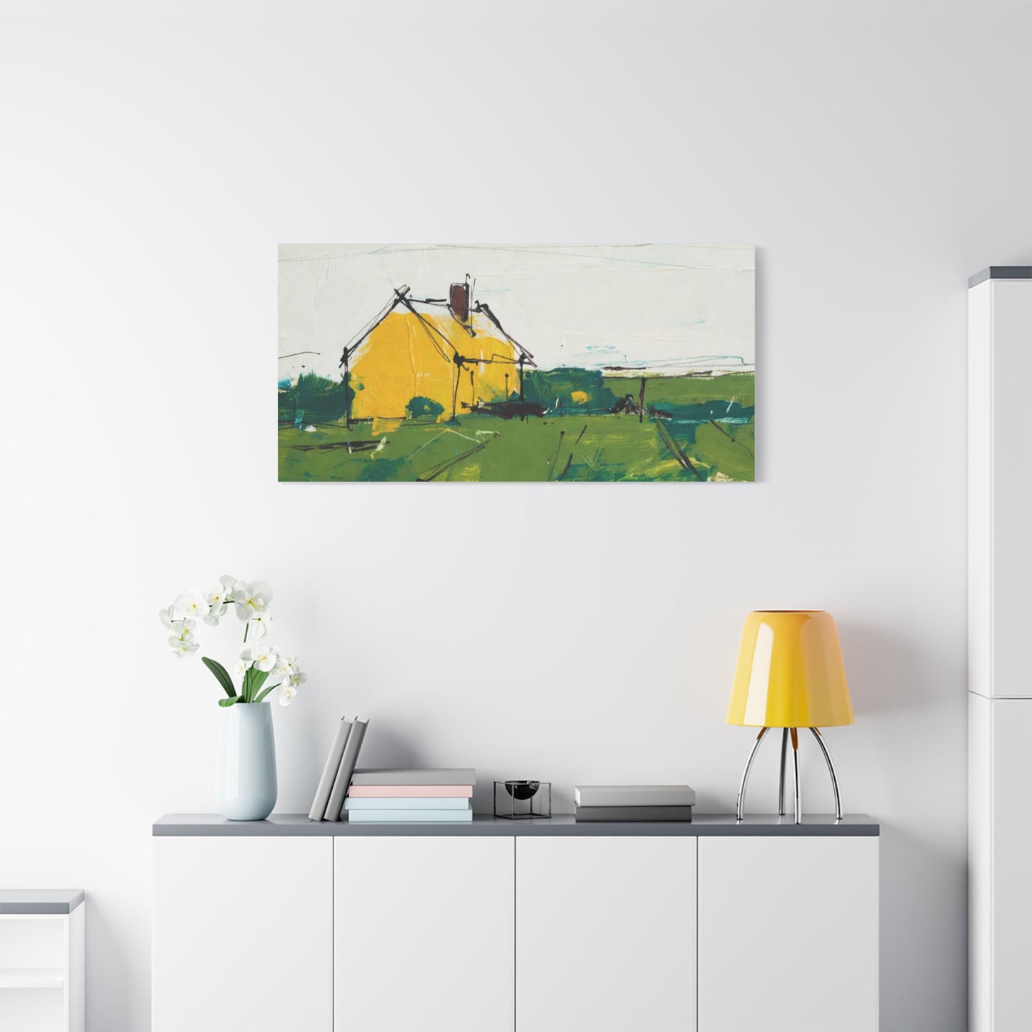 Yellow Cottage Landscape Canvas - Matte Stretched Wall Art