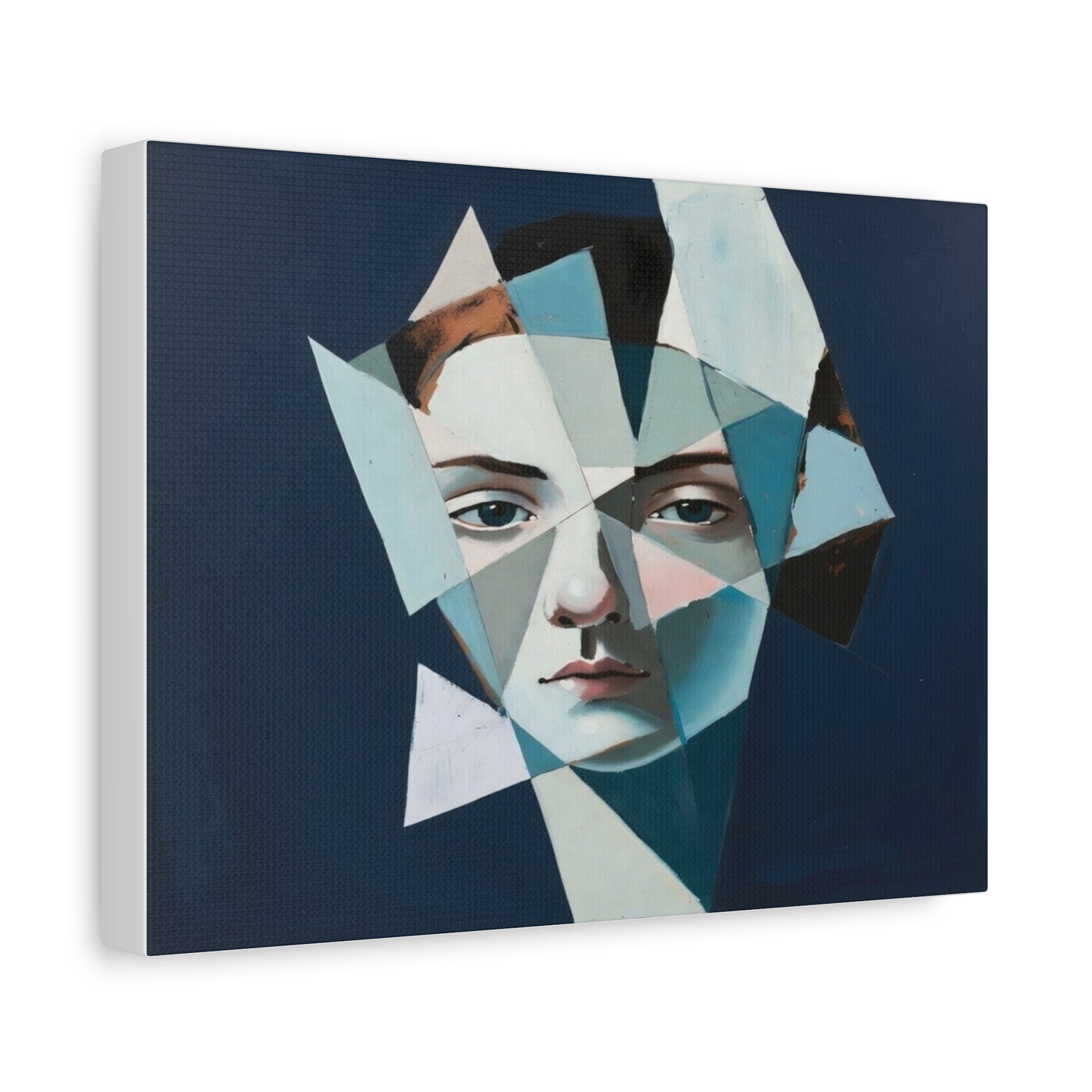 Fragmented Portrait Matte Canvas Art – Blue Abstract Face Wall Decor