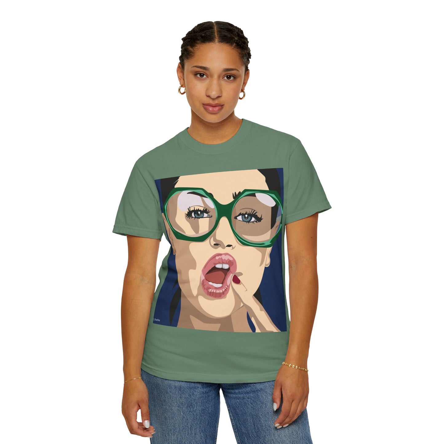 Pop Art Woman Graphic T‑Shirt — Retro Chic Green Glasses Design