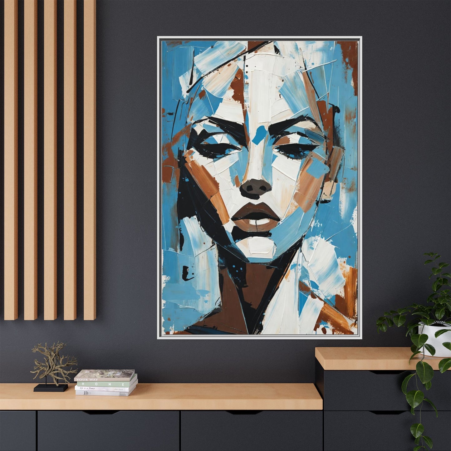 Abstract Blue Face Matte Canvas Wall Art — Framed Modern Portrait Print