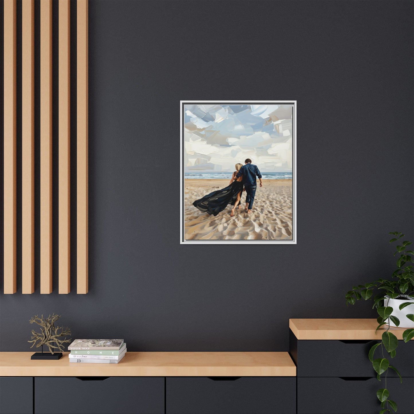 Framed Canvas Wall Art — Romantic Couple Walking on Beach Print