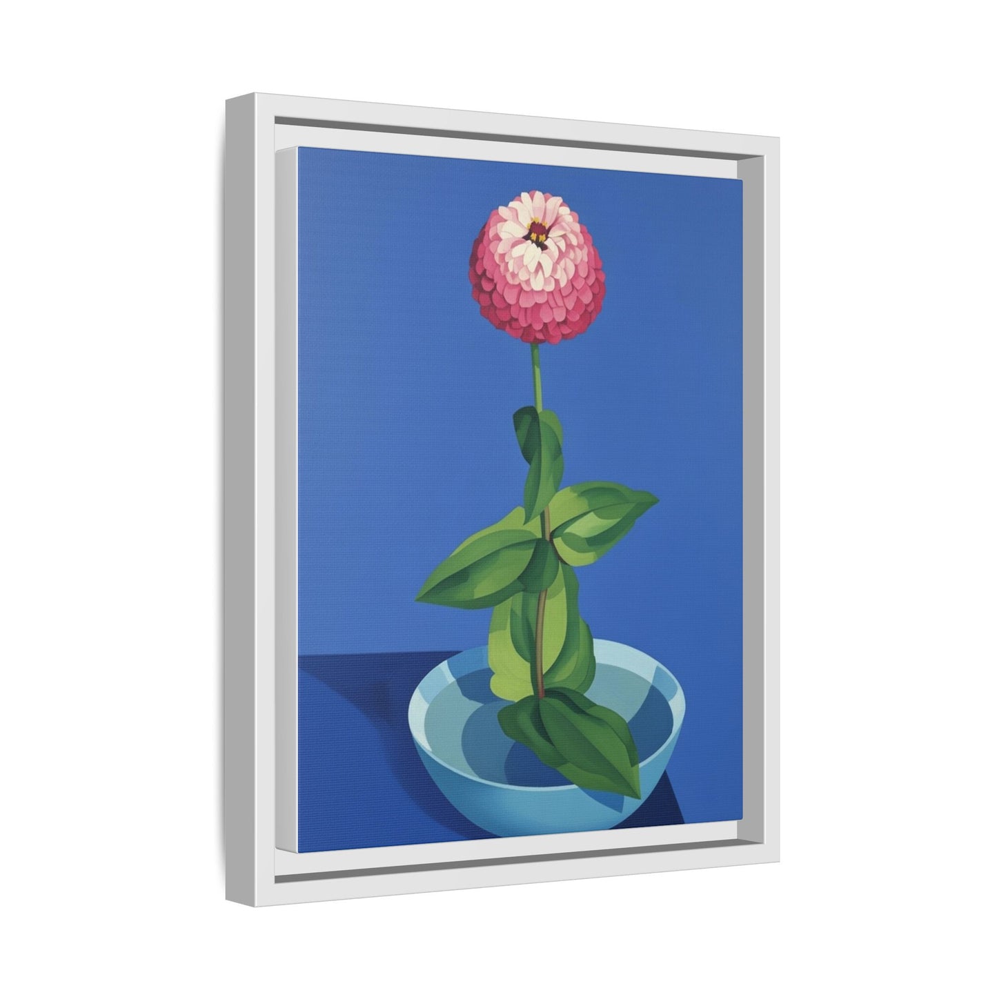 Framed Matte Canvas Art — Pink Zinnia in Blue Bowl (Botanical Still Life)