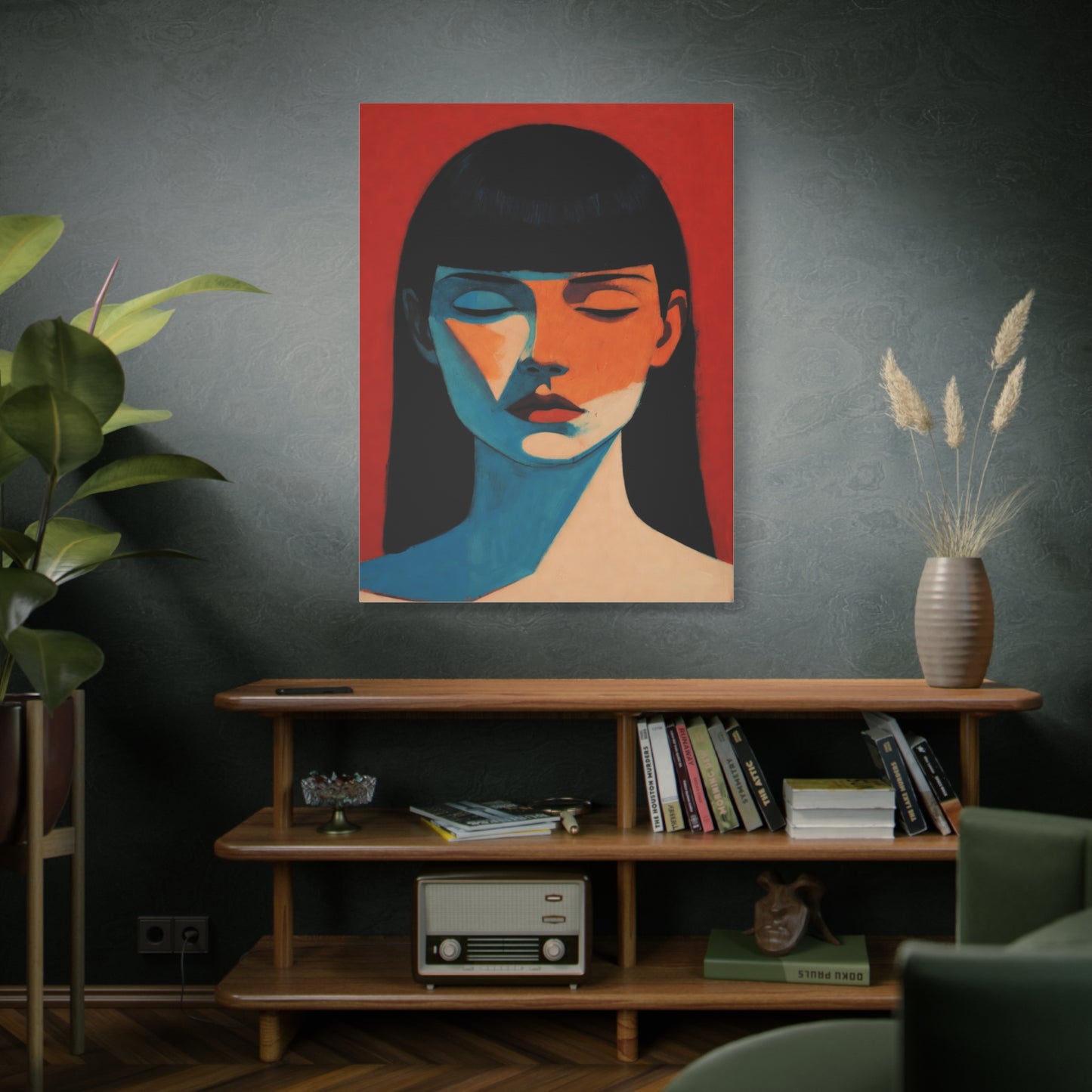 Portrait Canvas Wall Art — Modern Minimalist Woman in Red & Blue
