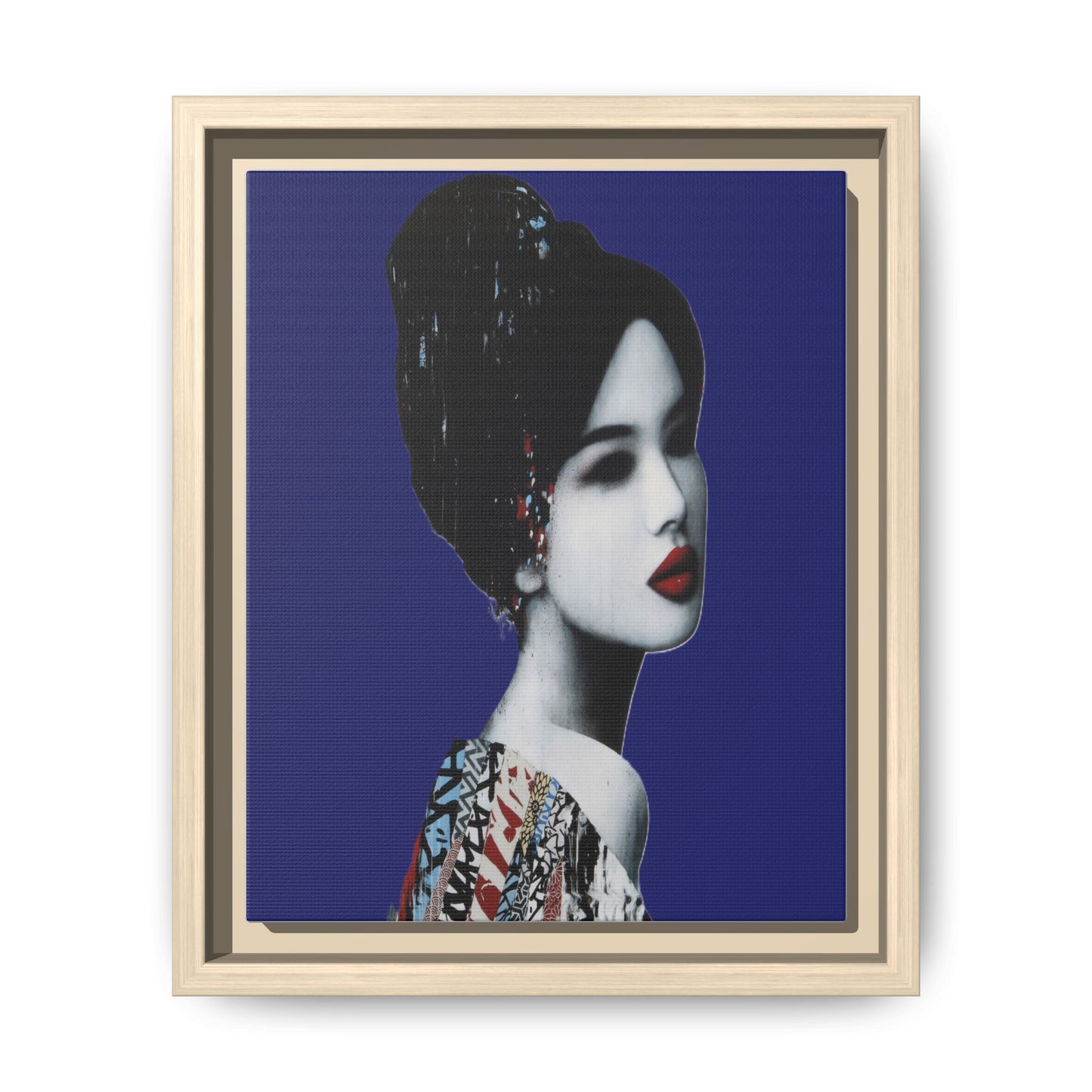Framed Matte Canvas Art — Elegant Geisha Portrait on Deep Blue