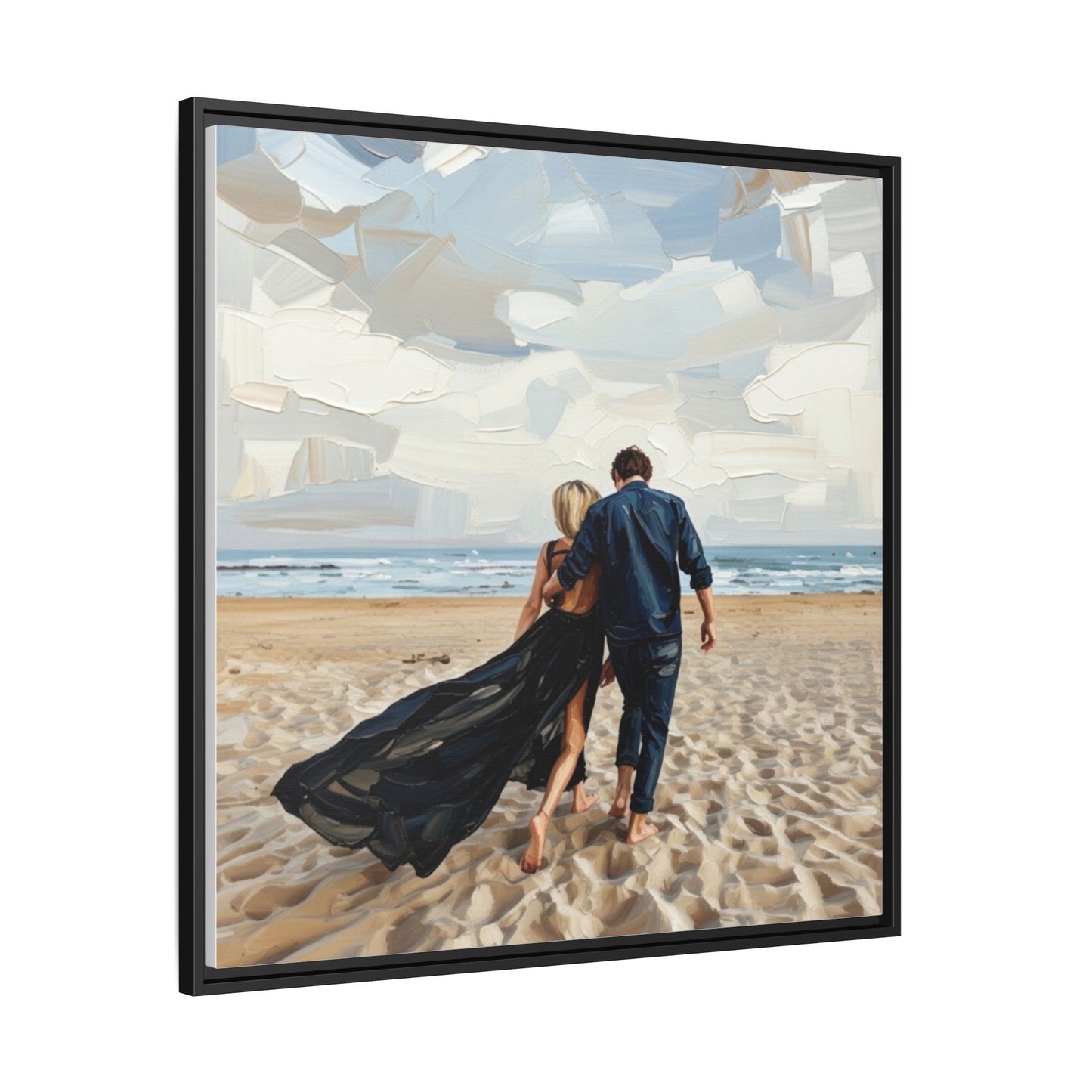 Framed Canvas Wall Art — Romantic Couple Walking on Beach Print