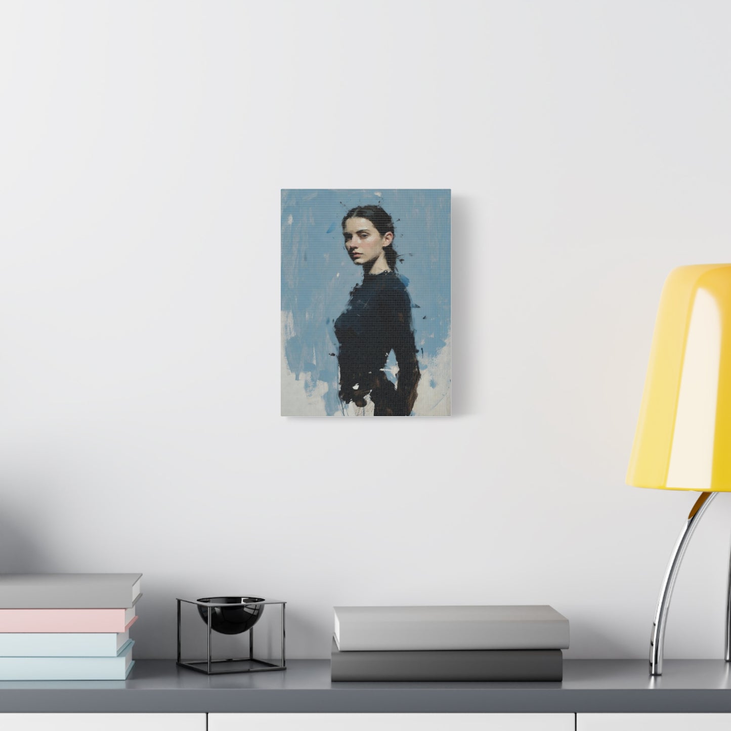 Matte Stretched Canvas Print — Portrait of a Young Woman, Moody Blue Figurative Art
