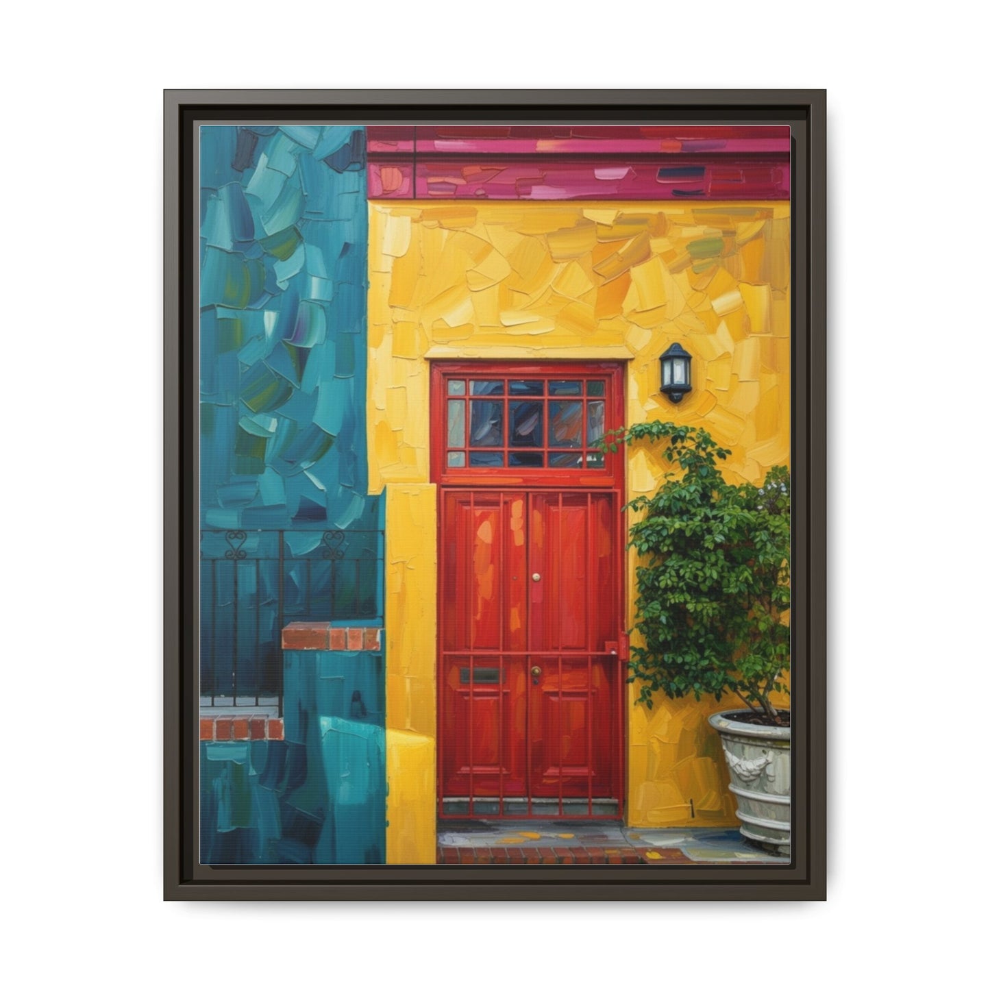 Framed Matte Canvas Wall Art — Colorful Red Door on Yellow Facade