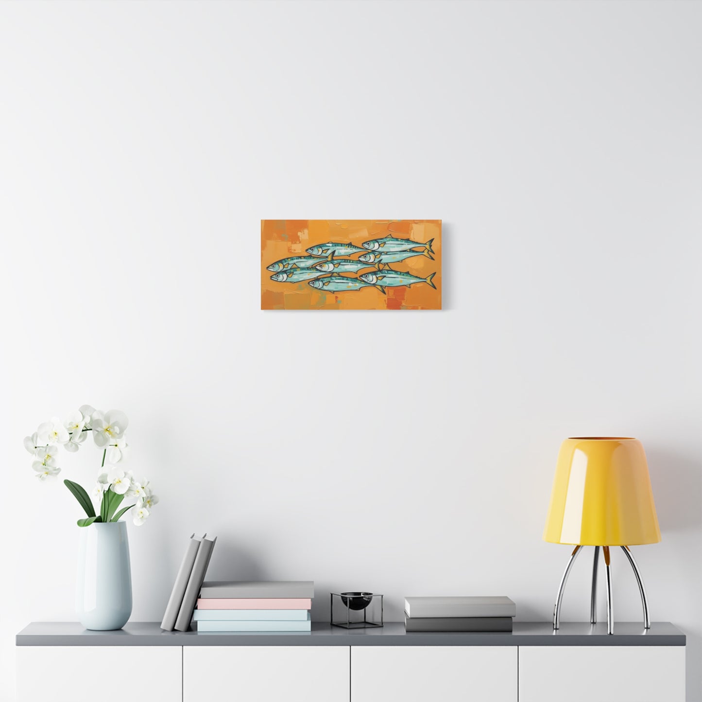 School of Mackerel Canvas Wall Art — Nautical Fish Painting on Orange Background