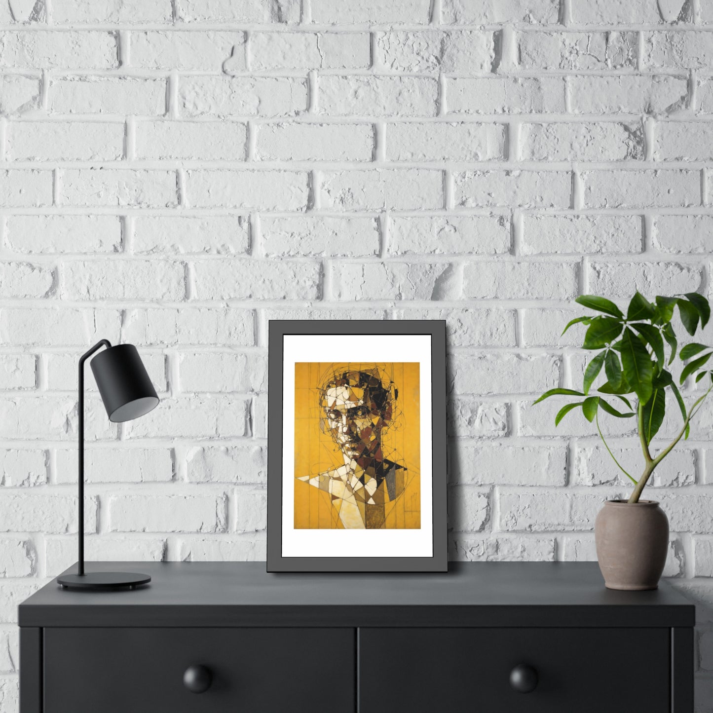 Framed Poster — Abstract Geometric Portrait on Mustard Yellow