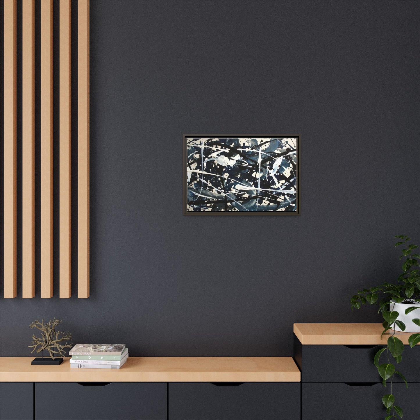 Abstract Splatter Matte Canvas Framed Wall Art — Black & Blue Modern Art Print