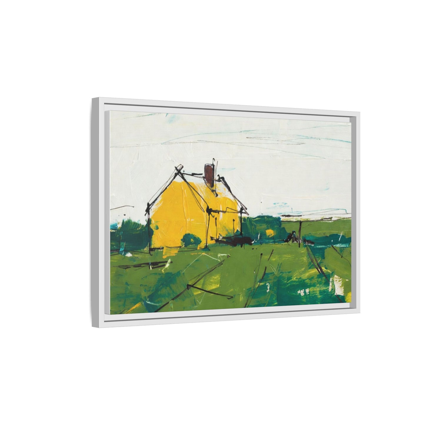 Yellow Cottage Landscape Framed Canvas Print